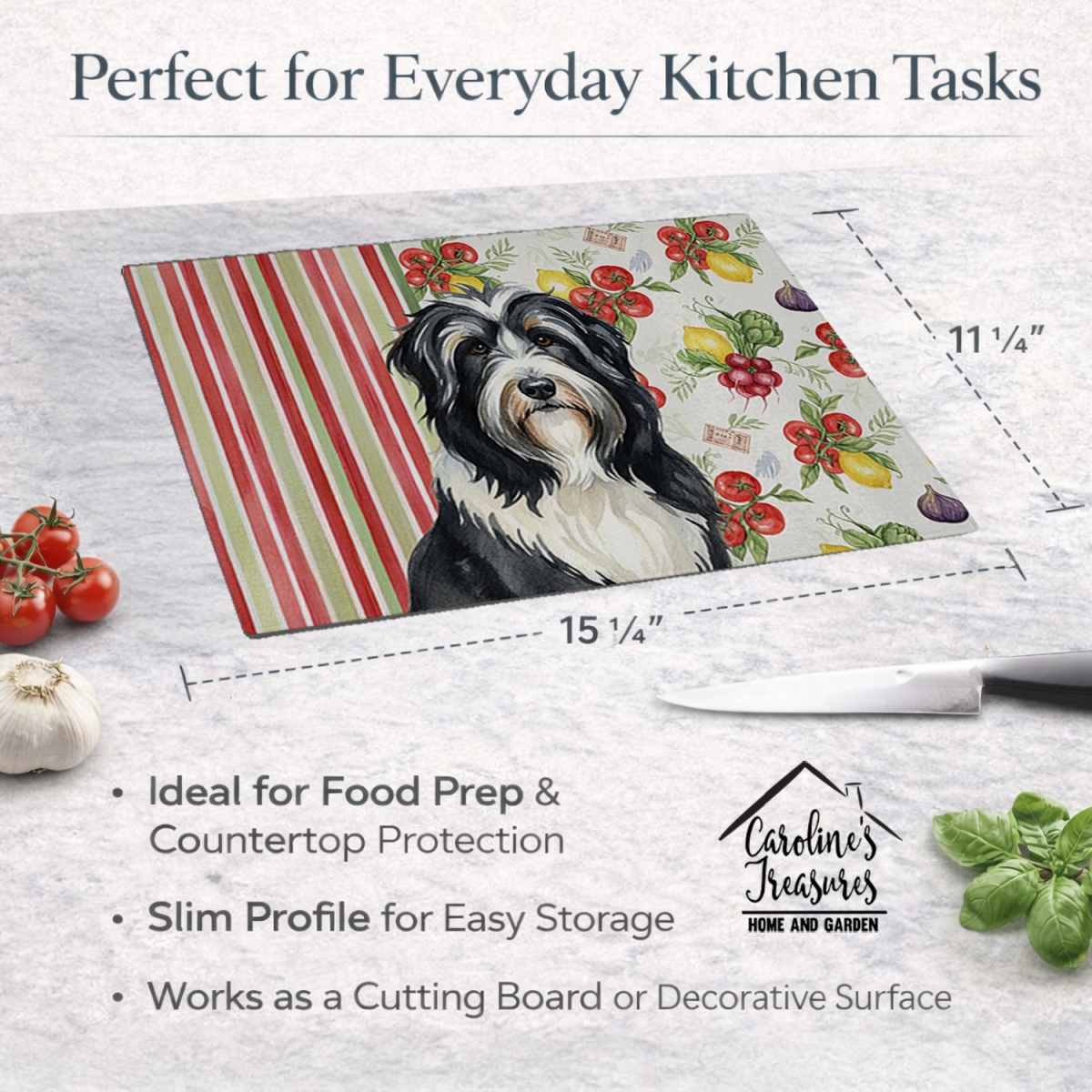 Picture of Carolines Treasures WDK8101LCB 11.25 x 15.25 in. Black Bearded Collie Vegetables Glass Cutting Board