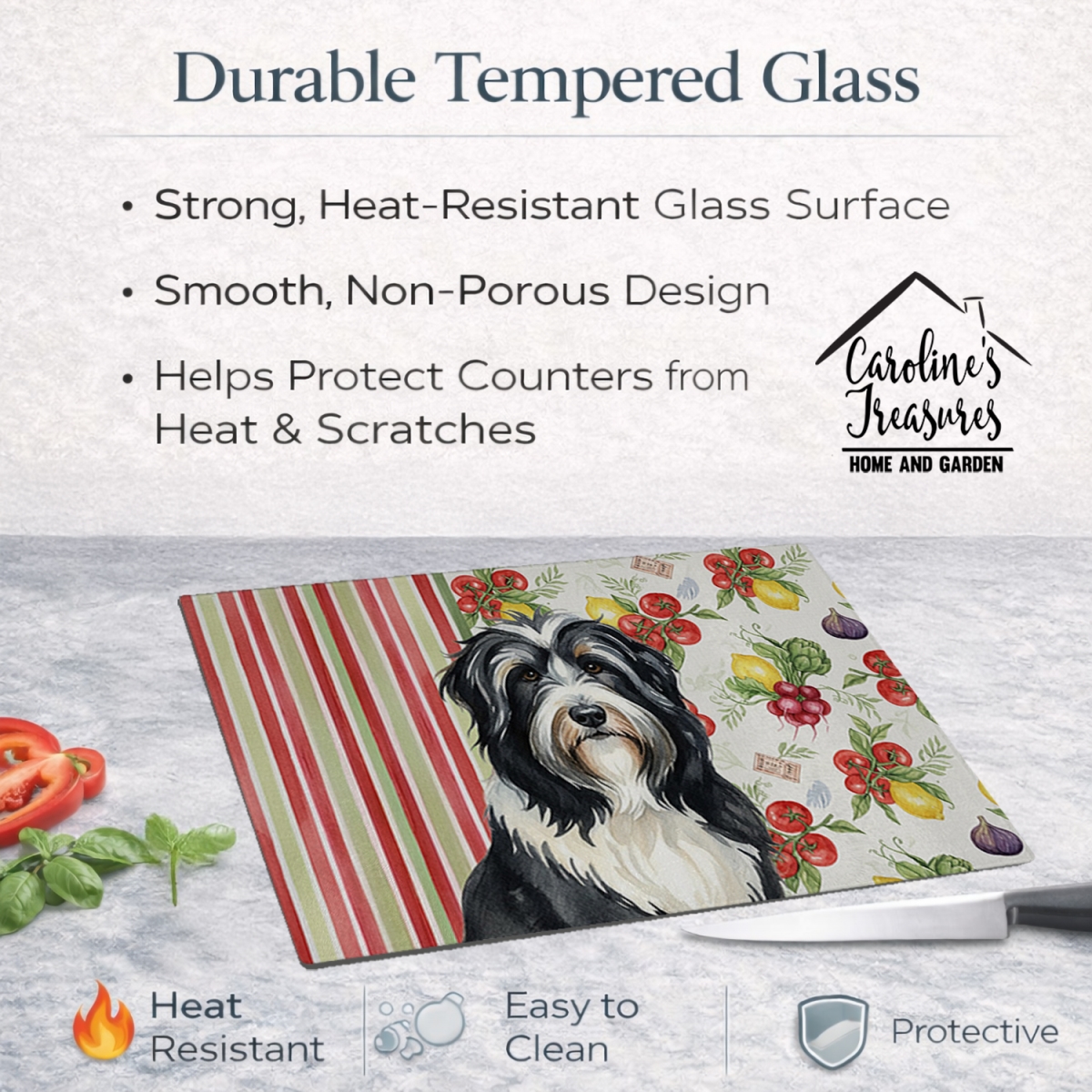 Picture of Carolines Treasures WDK8101LCB 11.25 x 15.25 in. Black Bearded Collie Vegetables Glass Cutting Board