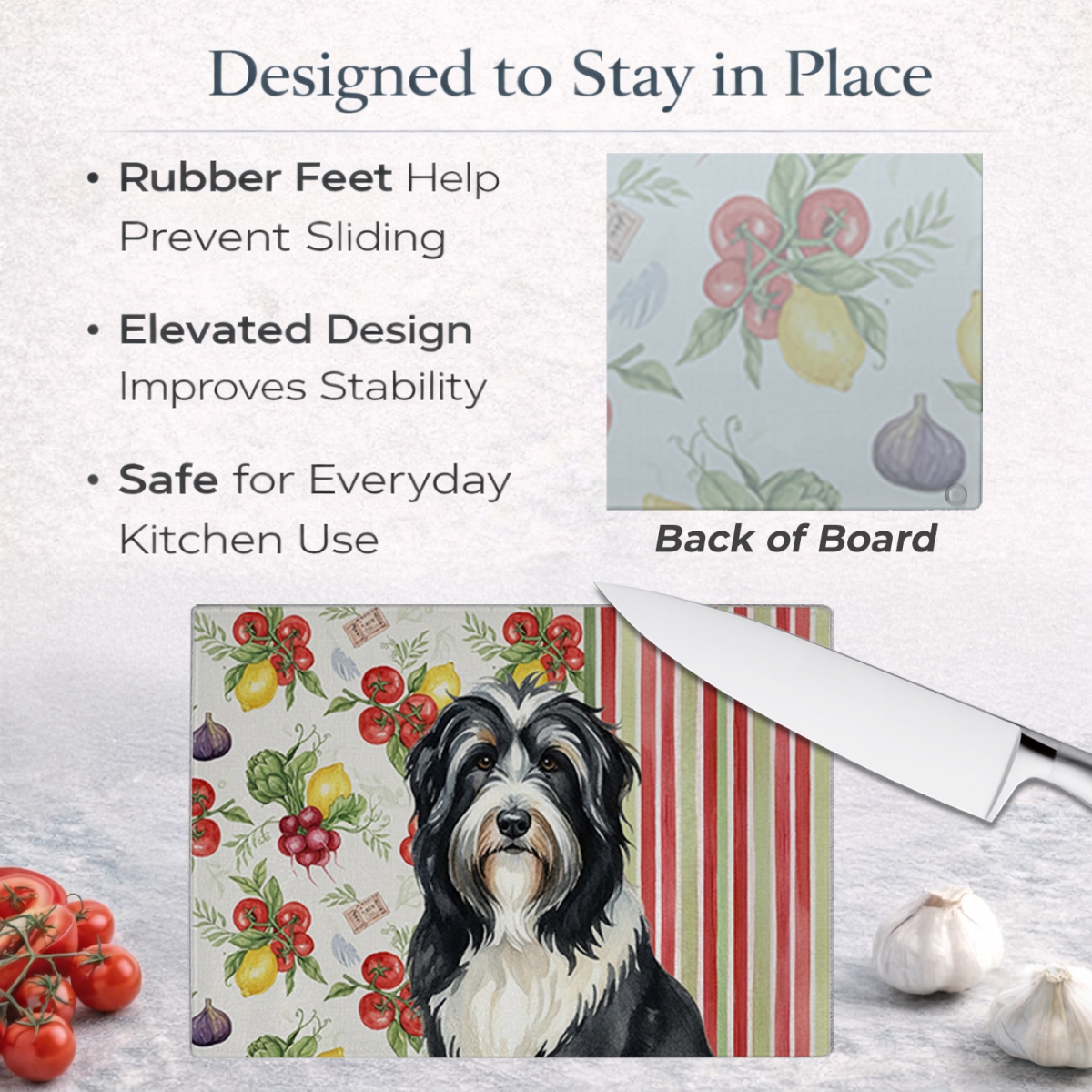 Picture of Carolines Treasures WDK8101LCB 11.25 x 15.25 in. Black Bearded Collie Vegetables Glass Cutting Board