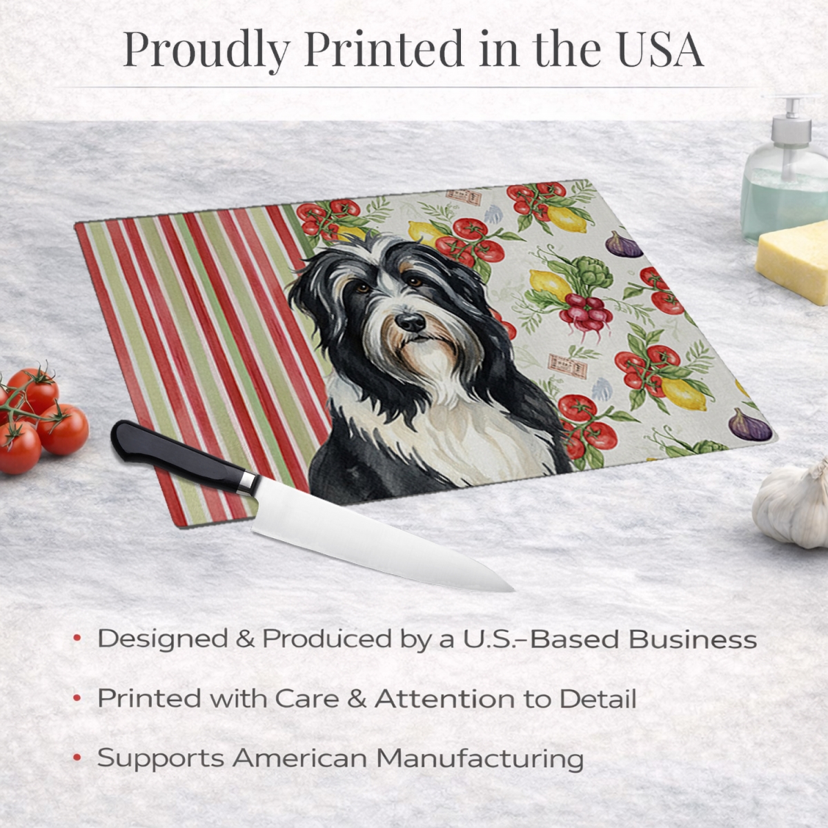 Picture of Carolines Treasures WDK8101LCB 11.25 x 15.25 in. Black Bearded Collie Vegetables Glass Cutting Board