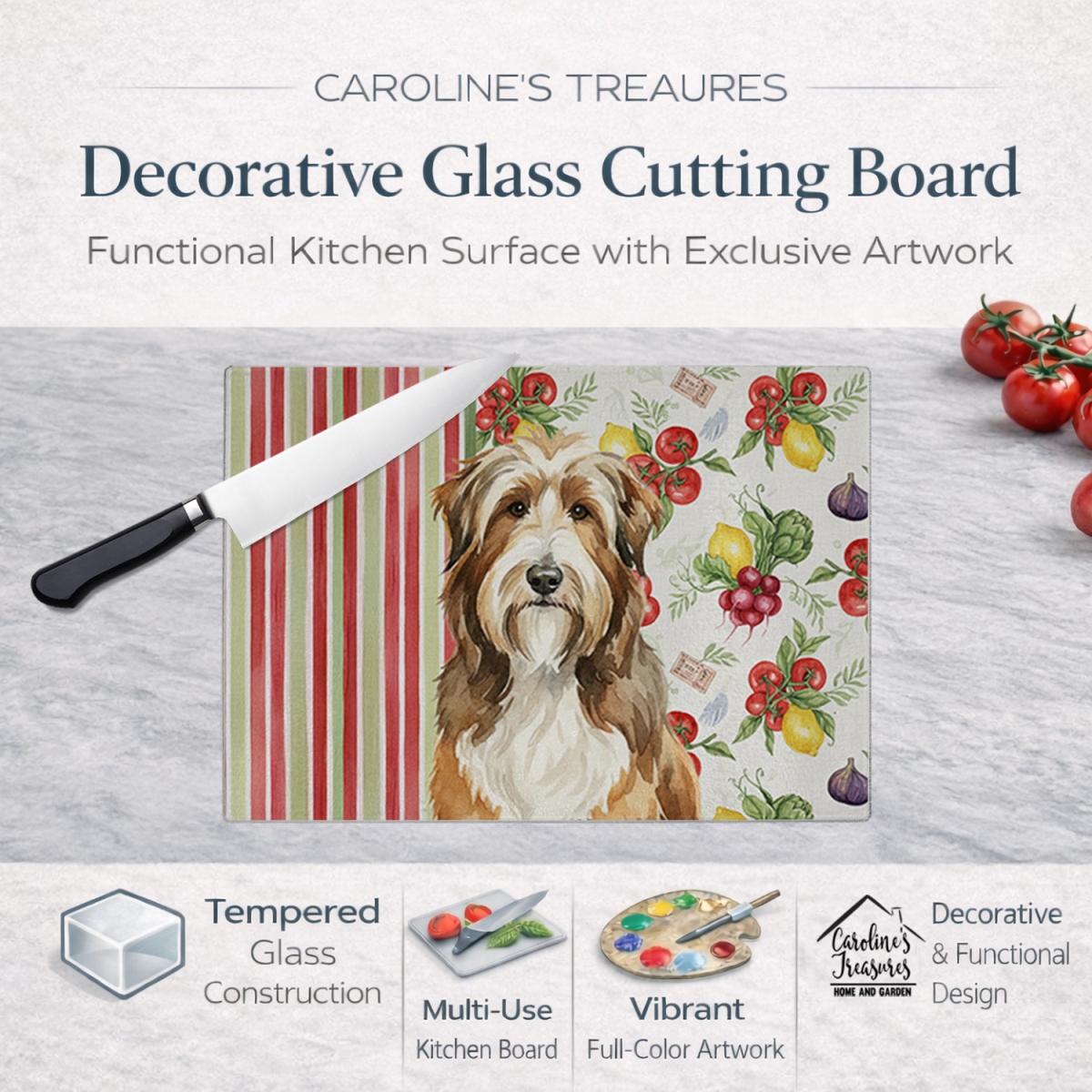 Picture of Carolines Treasures WDK8102LCB 11.25 x 15.25 in. Brown Bearded Collie Vegetables Glass Cutting Board