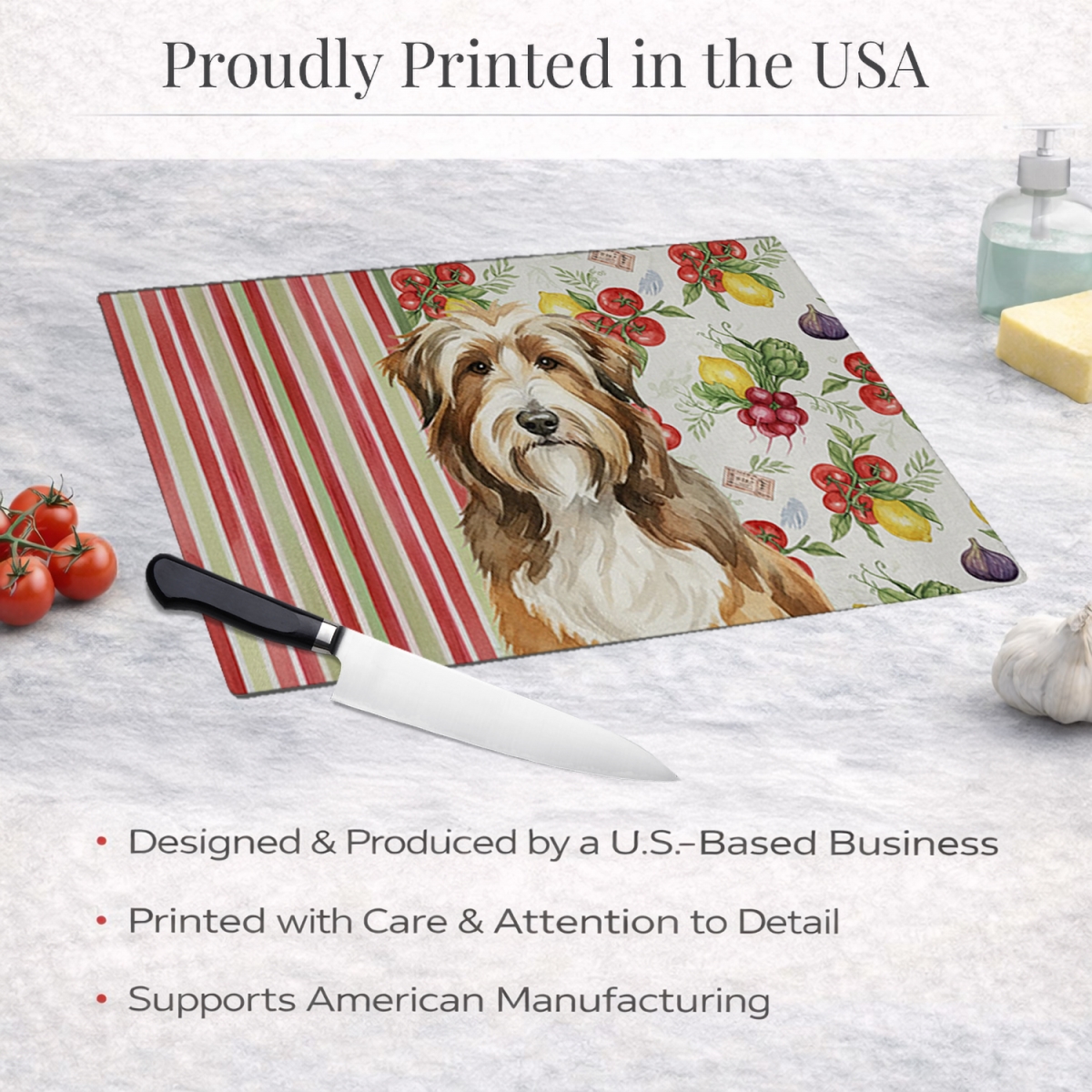 Picture of Carolines Treasures WDK8102LCB 11.25 x 15.25 in. Brown Bearded Collie Vegetables Glass Cutting Board