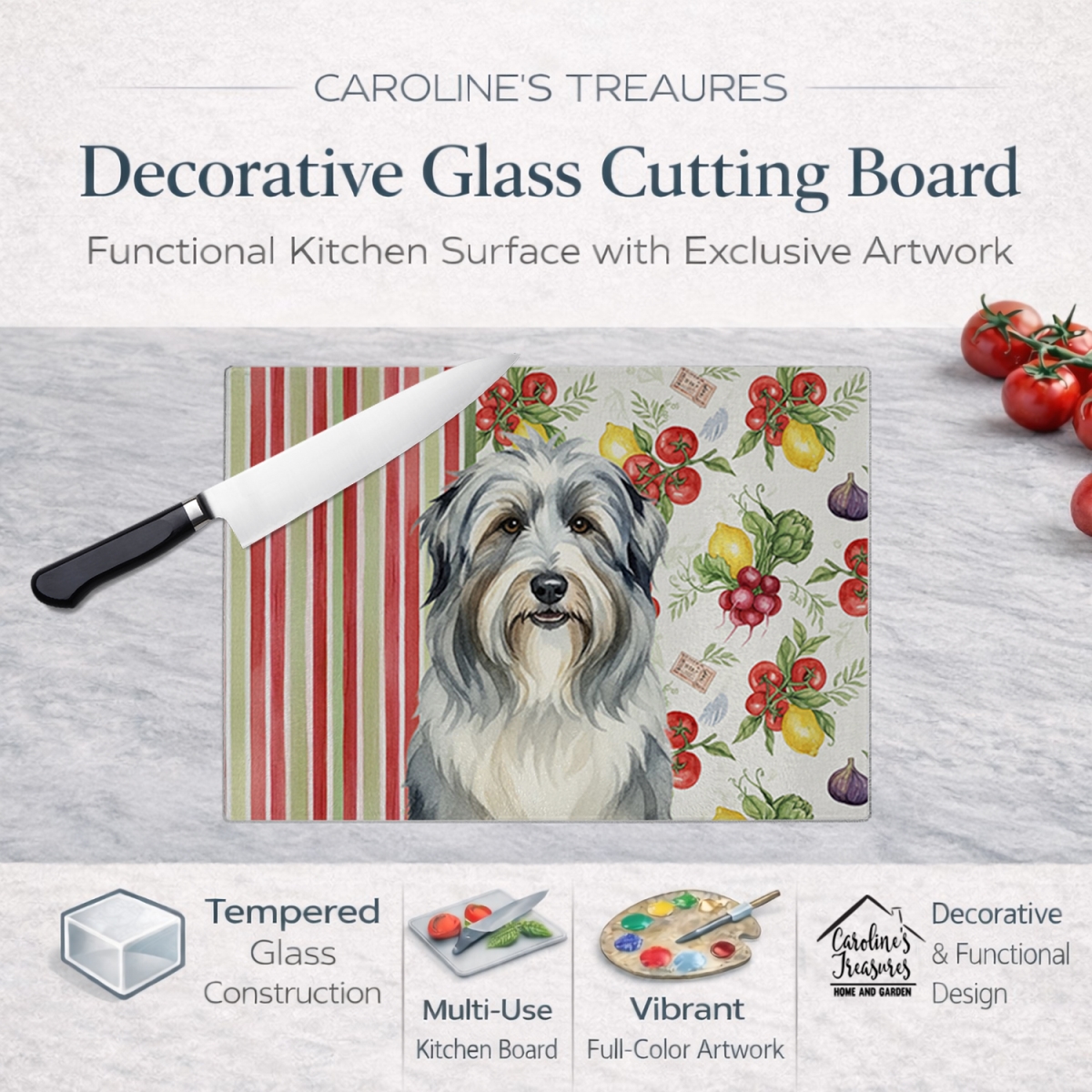 Picture of Carolines Treasures WDK8103LCB 11.25 x 15.25 in. Bearded Collie Vegetables Glass Cutting Board