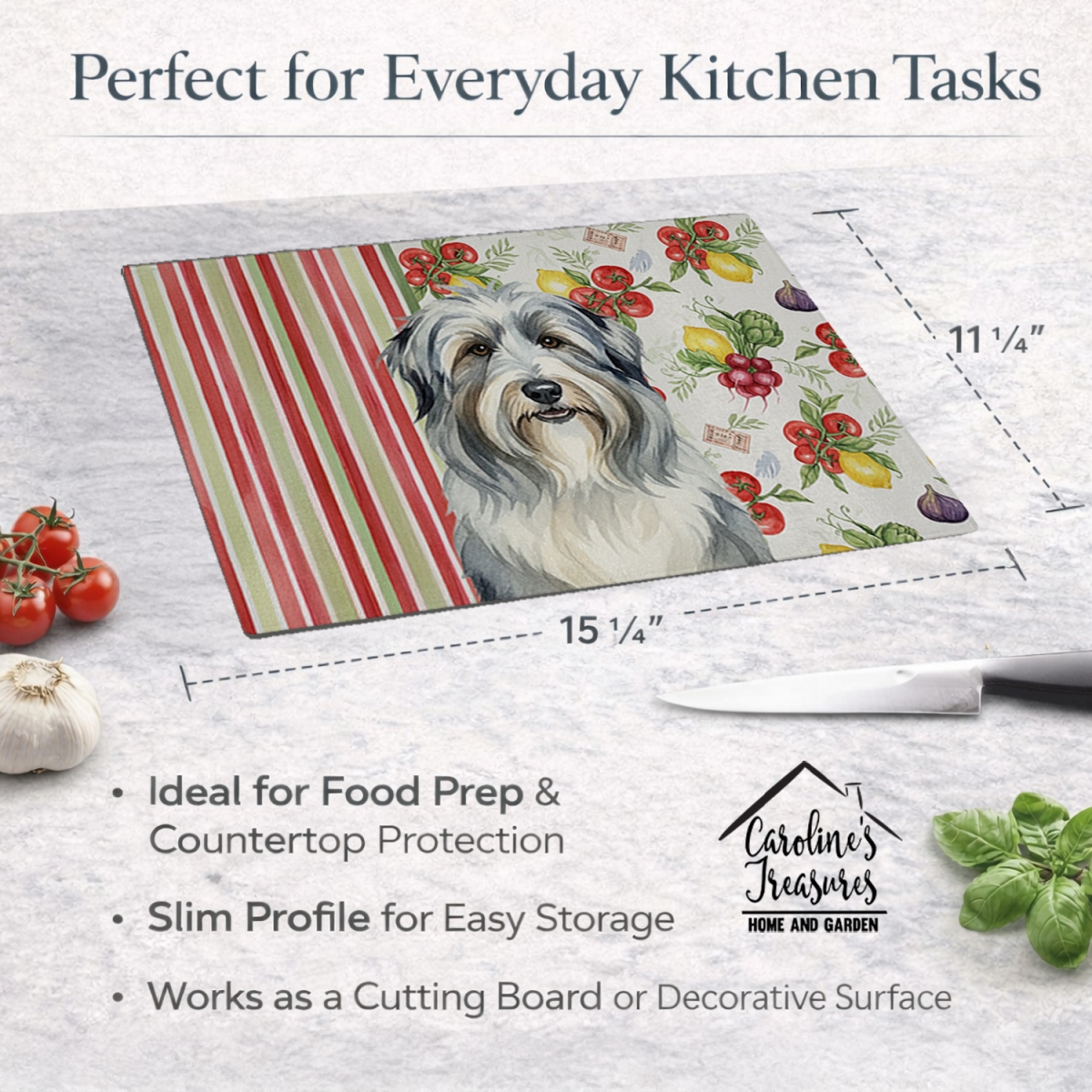 Picture of Carolines Treasures WDK8103LCB 11.25 x 15.25 in. Bearded Collie Vegetables Glass Cutting Board