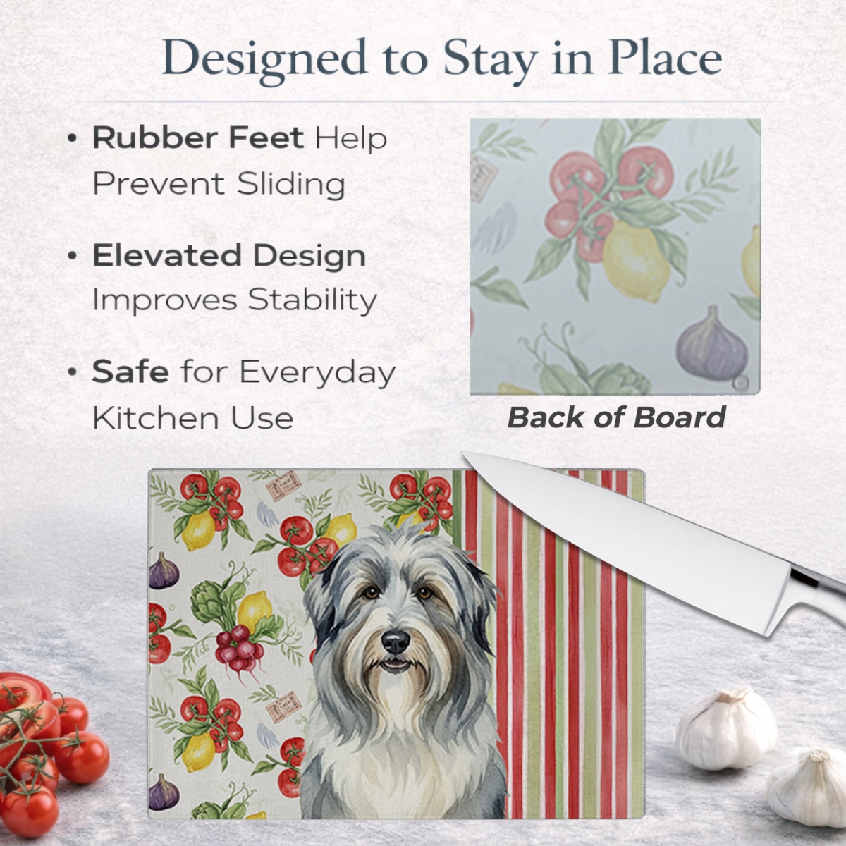 Picture of Carolines Treasures WDK8103LCB 11.25 x 15.25 in. Bearded Collie Vegetables Glass Cutting Board