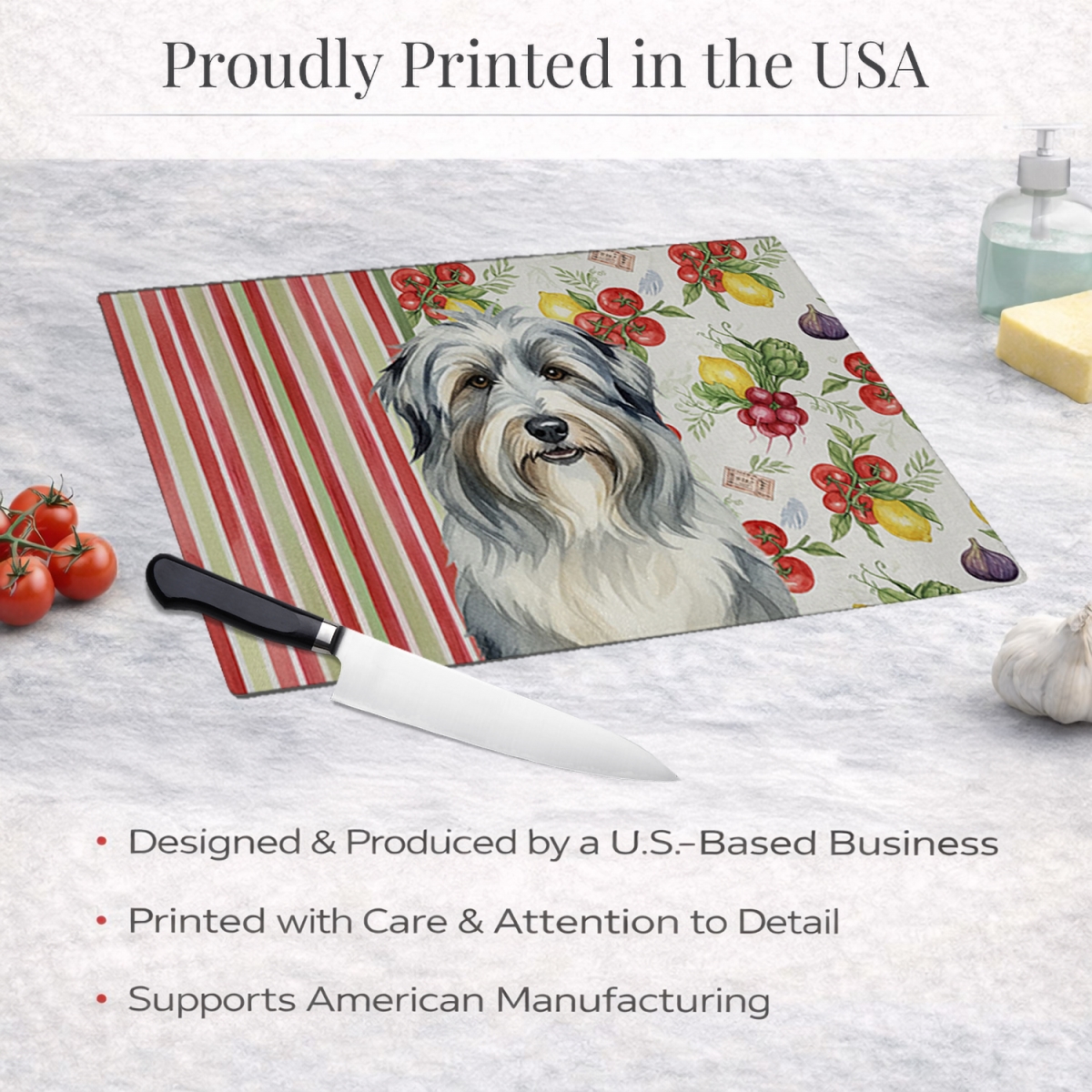 Picture of Carolines Treasures WDK8103LCB 11.25 x 15.25 in. Bearded Collie Vegetables Glass Cutting Board