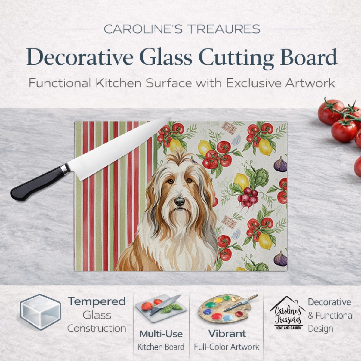 Picture of Carolines Treasures WDK8104LCB 11.25 x 15.25 in. Fawn Bearded Collie Vegetables Glass Cutting Board
