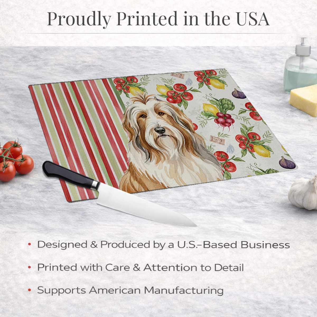 Picture of Carolines Treasures WDK8104LCB 11.25 x 15.25 in. Fawn Bearded Collie Vegetables Glass Cutting Board