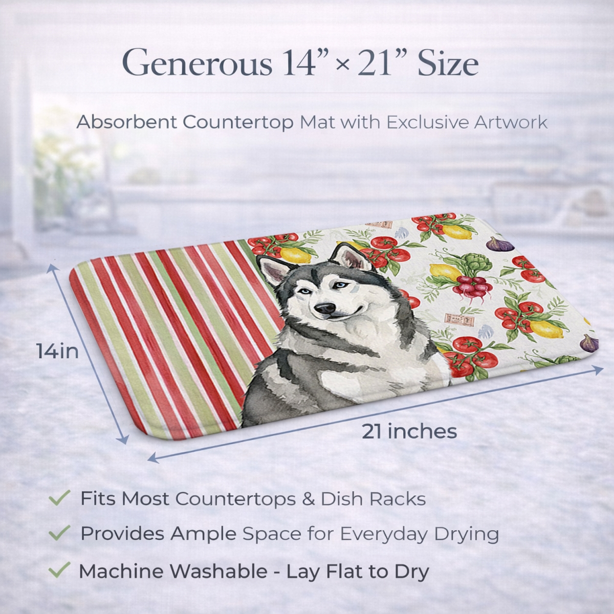 Picture of Carolines Treasures WDK8074DDM 21 x 14 in. Gray & White Alaskan Malamute Vegetables Dish Drying Mat