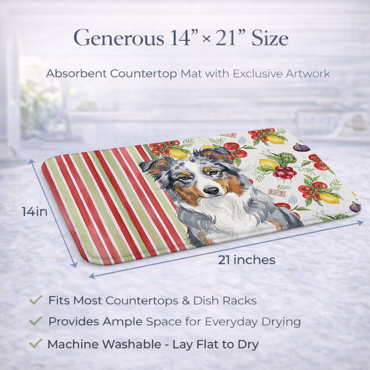 Picture of Carolines Treasures WDK8080DDM 21 x 14 in. Blue Merle American Shepherd Vegetables Dish Drying Mat