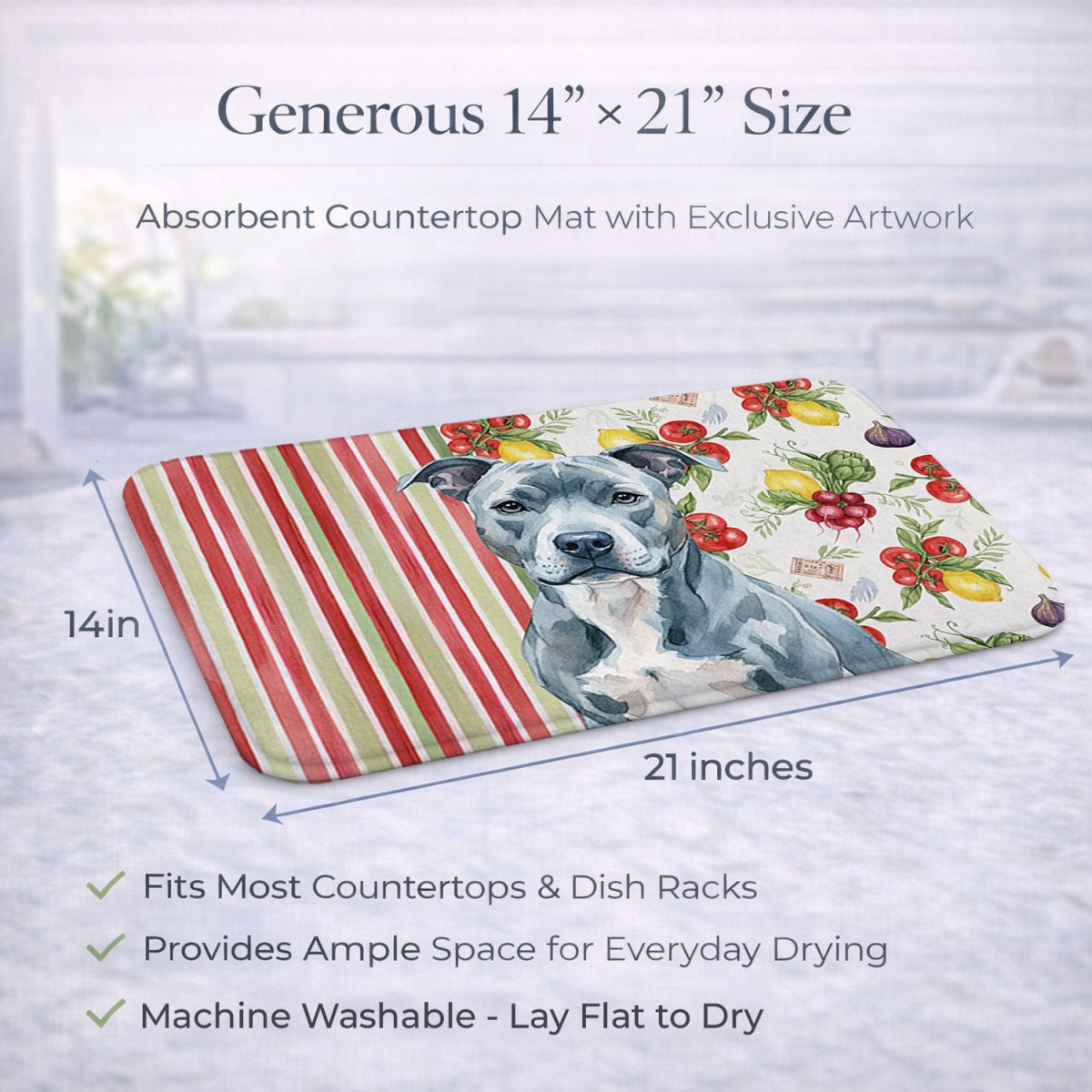 Picture of Carolines Treasures WDK8082DDM 21 x 14 in. Blue American Staffordshire Terrier Vegetables Dish Drying Mat