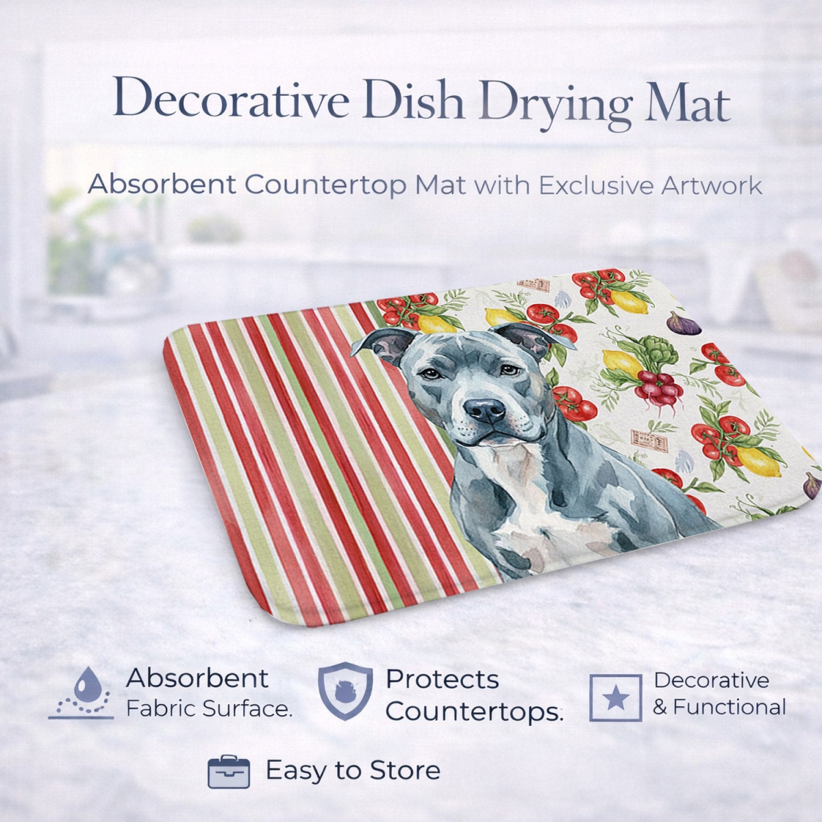 Picture of Carolines Treasures WDK8082DDM 21 x 14 in. Blue American Staffordshire Terrier Vegetables Dish Drying Mat