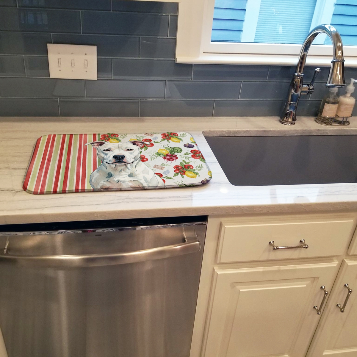 Picture of Carolines Treasures WDK8085DDM 21 x 14 in. White American Staffordshire Terrier Vegetables Dish Drying Mat