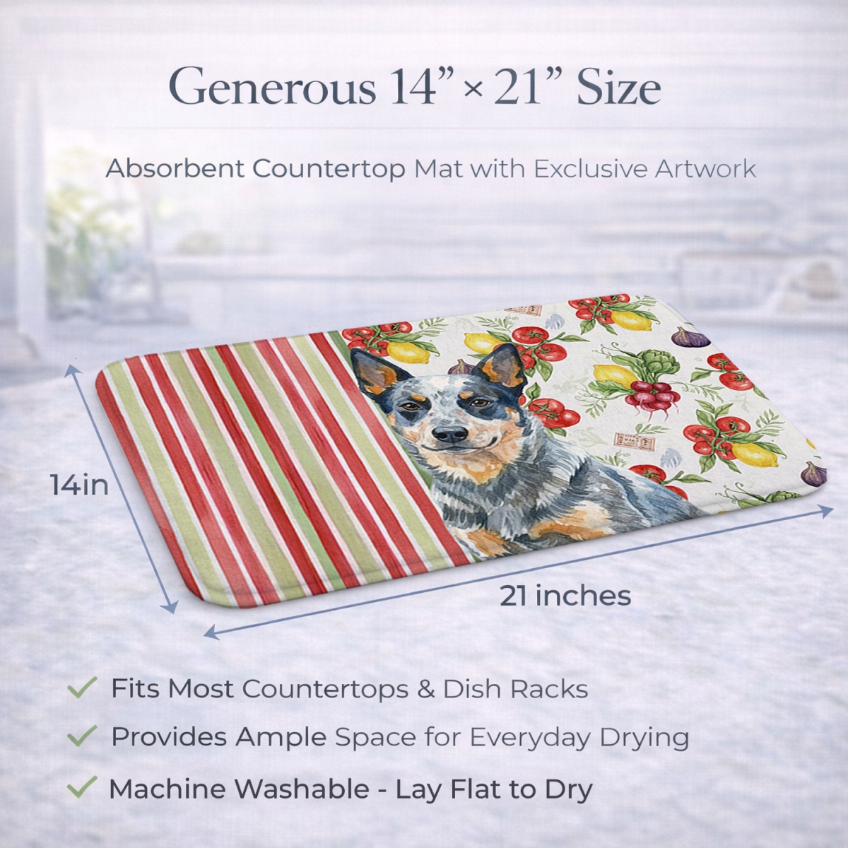 Picture of Carolines Treasures WDK8087DDM 21 x 14 in. Blue Heeler Australian Cattle Dog Vegetables Dish Drying Mat