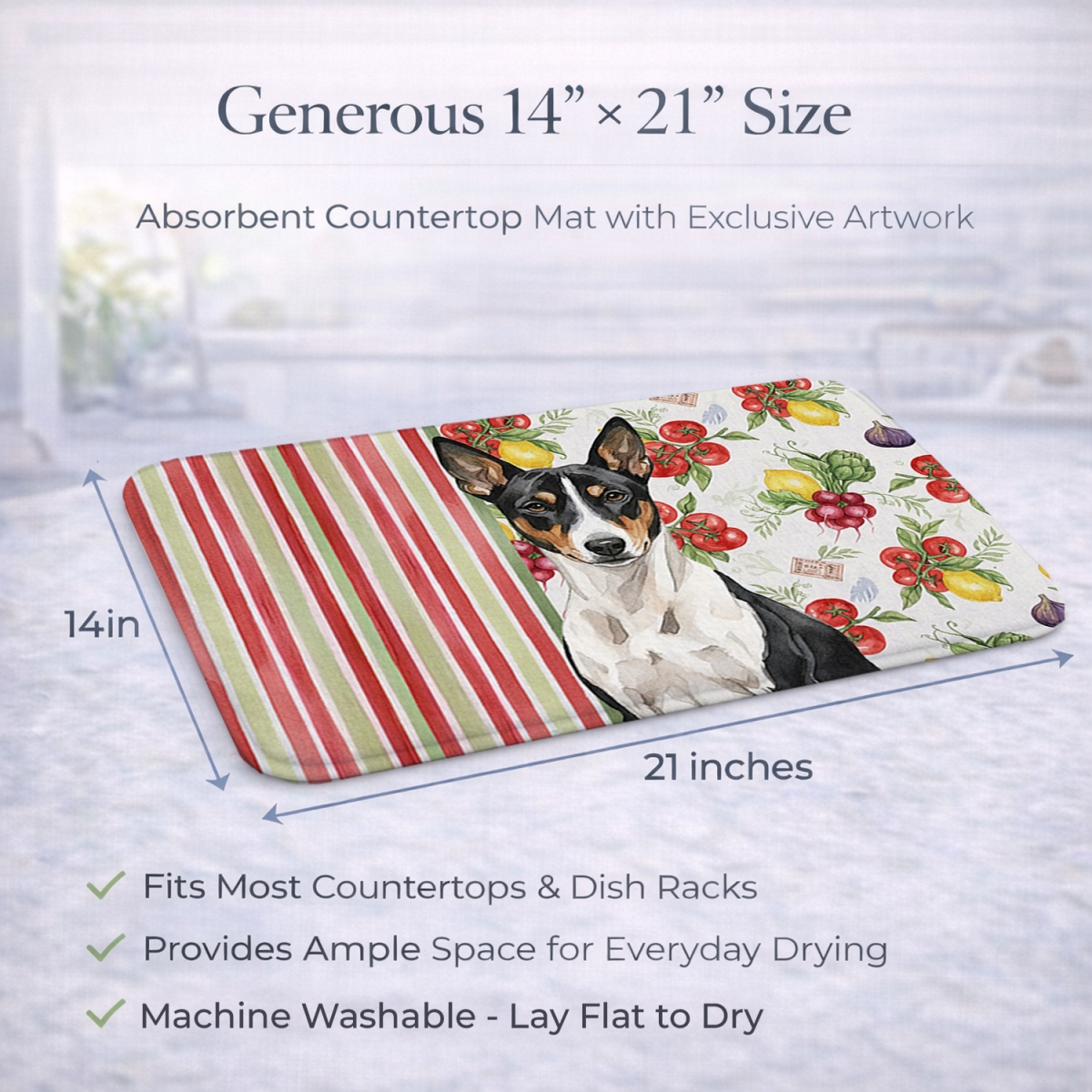 Picture of Carolines Treasures WDK8092DDM 21 x 14 in. Black & White Basenji Vegetables Dish Drying Mat