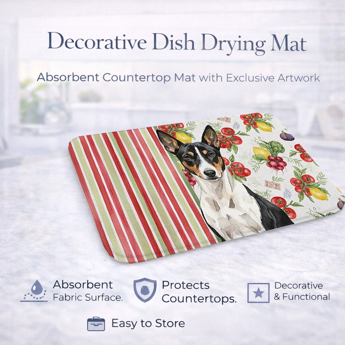Picture of Carolines Treasures WDK8092DDM 21 x 14 in. Black & White Basenji Vegetables Dish Drying Mat