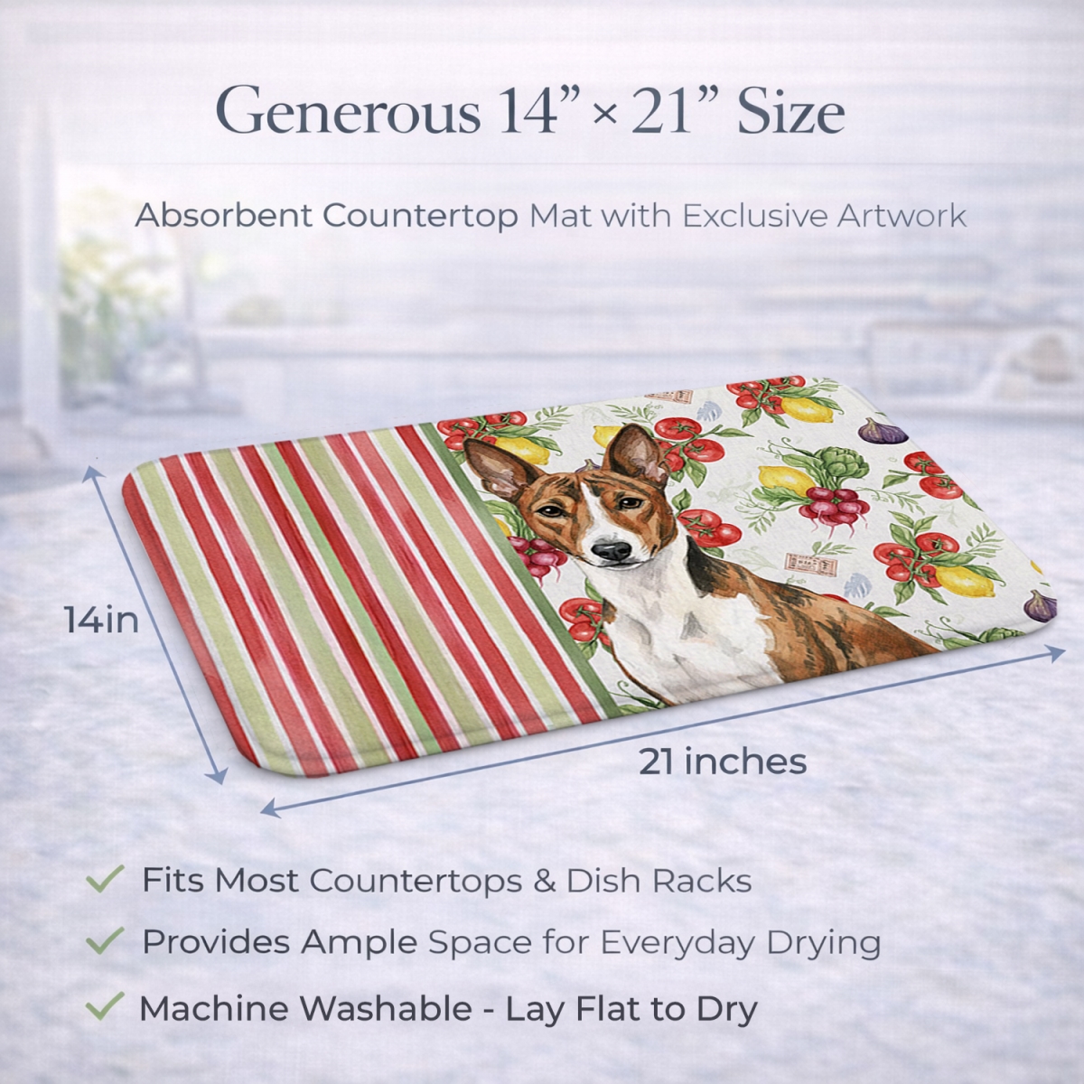 Picture of Carolines Treasures WDK8093DDM 21 x 14 in. Brindle & White Basenji Vegetables Dish Drying Mat