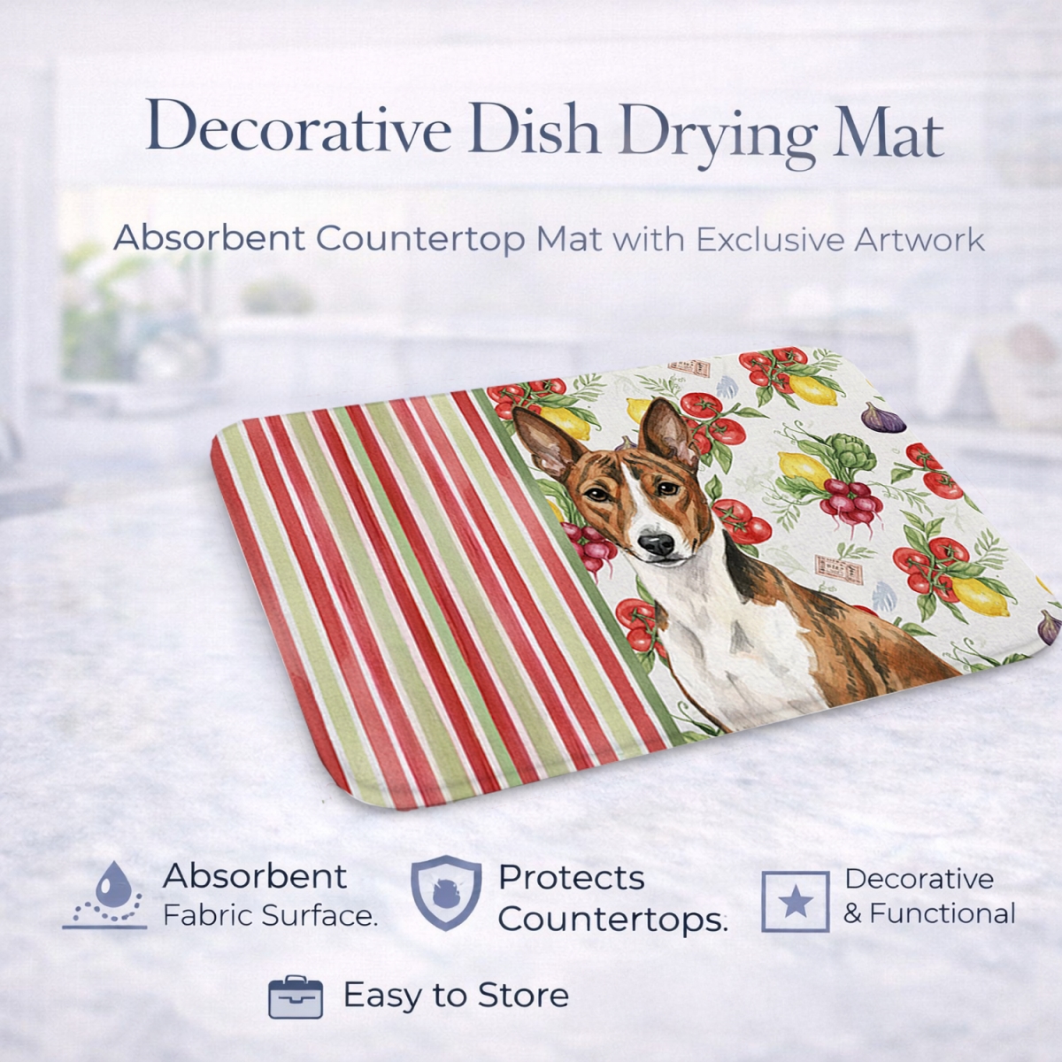 Picture of Carolines Treasures WDK8093DDM 21 x 14 in. Brindle & White Basenji Vegetables Dish Drying Mat