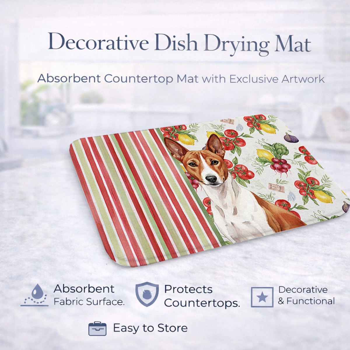 Picture of Carolines Treasures WDK8094DDM 21 x 14 in. Red & White Basenji Vegetables Dish Drying Mat