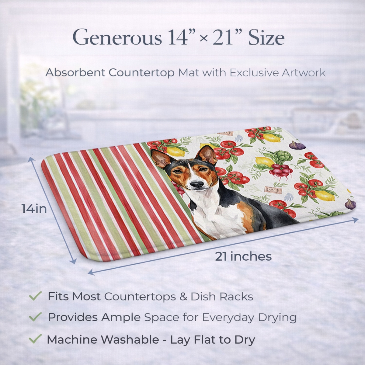 Picture of Carolines Treasures WDK8095DDM 21 x 14 in. Tricolor & White Basenji Vegetables Dish Drying Mat