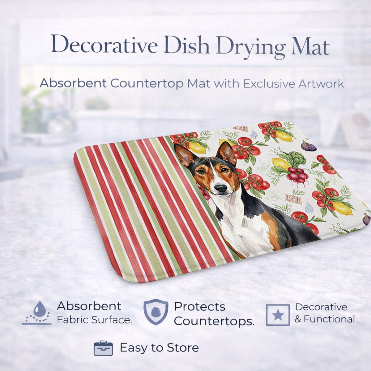 Picture of Carolines Treasures WDK8095DDM 21 x 14 in. Tricolor & White Basenji Vegetables Dish Drying Mat
