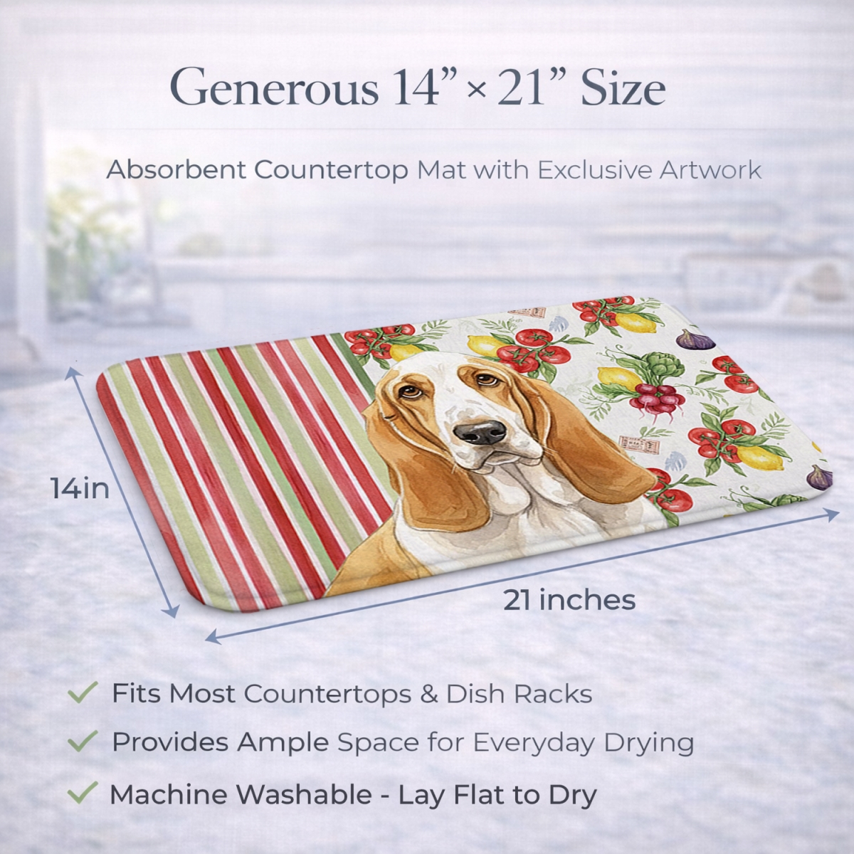 Picture of Carolines Treasures WDK8096DDM 21 x 14 in. Lemon & White Basset Hound Vegetables Dish Drying Mat
