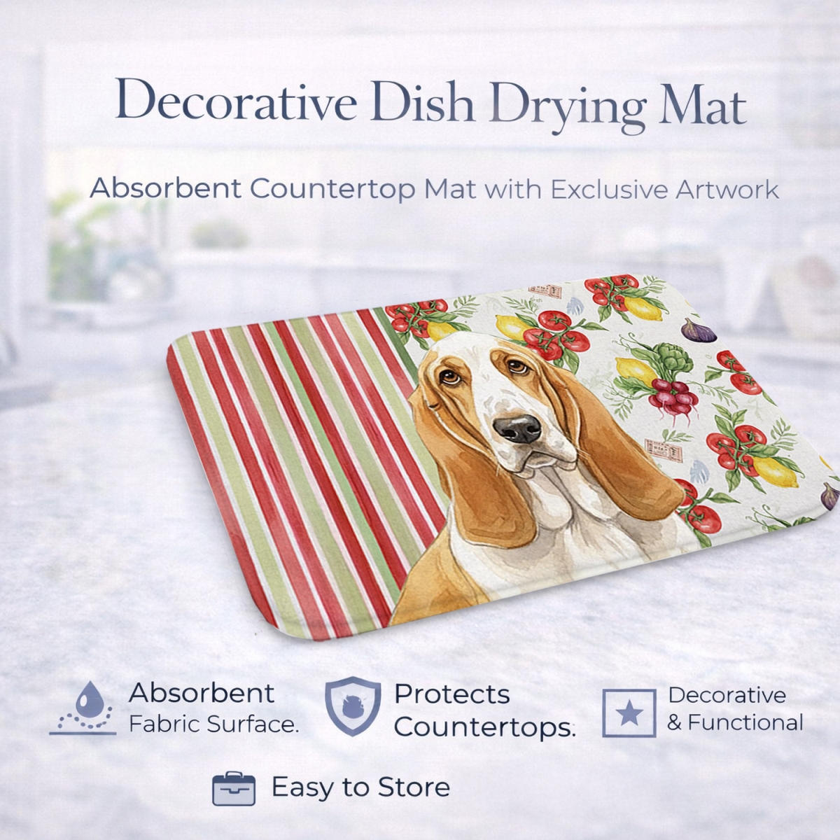 Picture of Carolines Treasures WDK8096DDM 21 x 14 in. Lemon & White Basset Hound Vegetables Dish Drying Mat