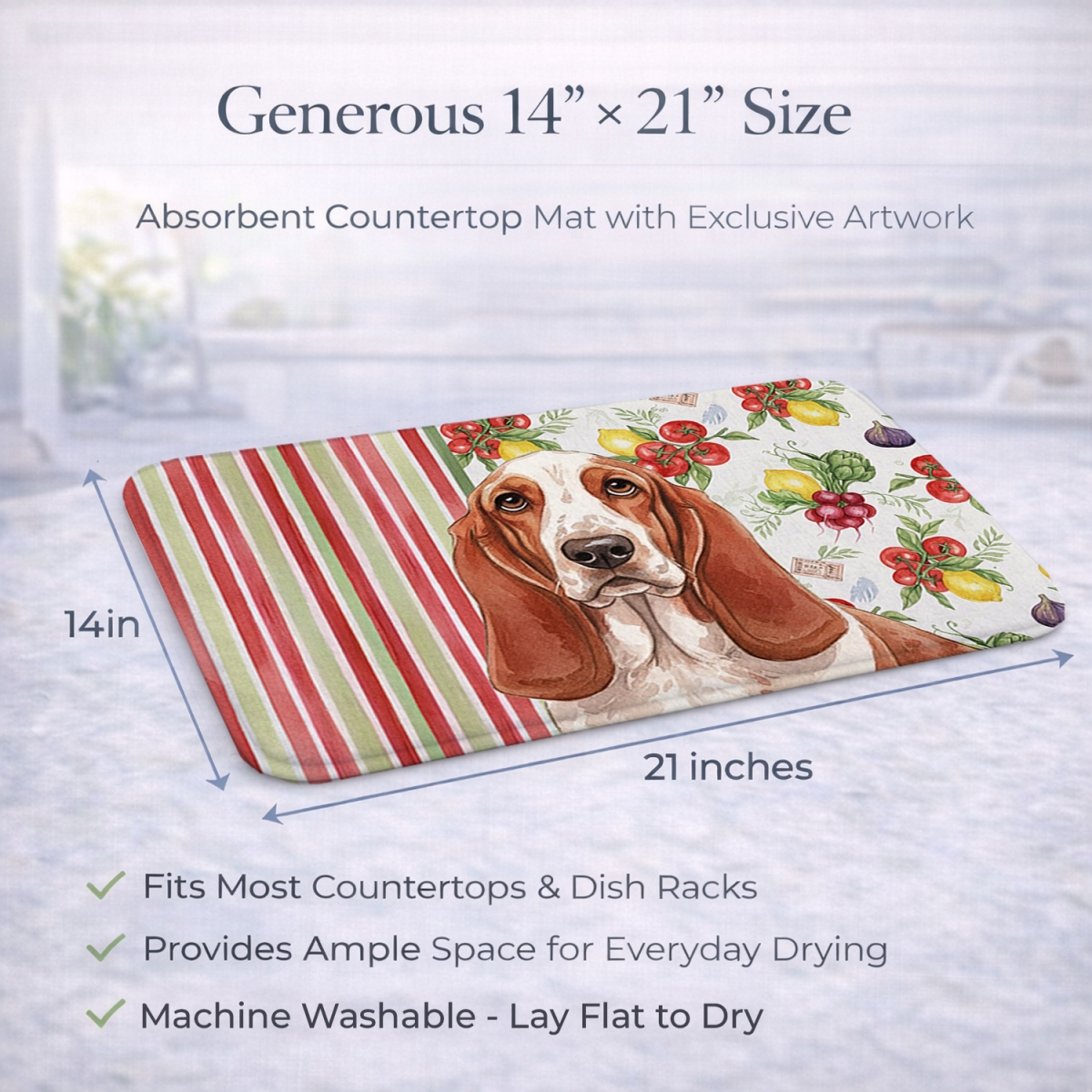 Picture of Carolines Treasures WDK8097DDM 21 x 14 in. Red & White Basset Hound Vegetables Dish Drying Mat