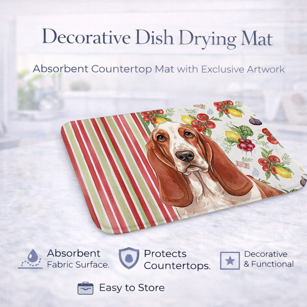 Picture of Carolines Treasures WDK8097DDM 21 x 14 in. Red & White Basset Hound Vegetables Dish Drying Mat