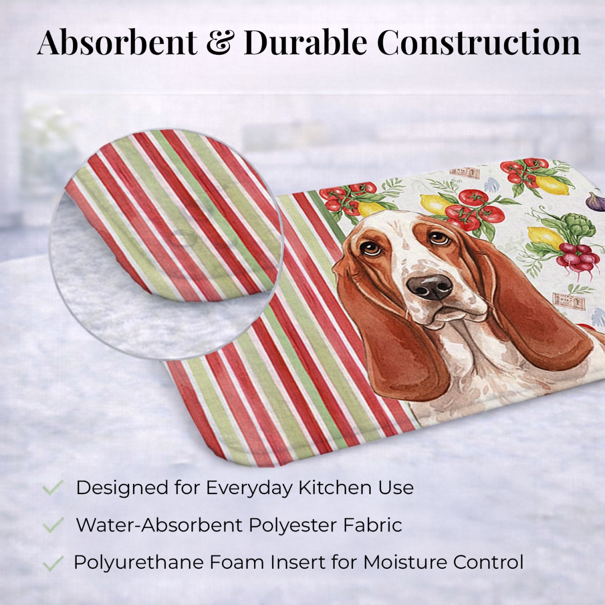 Picture of Carolines Treasures WDK8097DDM 21 x 14 in. Red & White Basset Hound Vegetables Dish Drying Mat