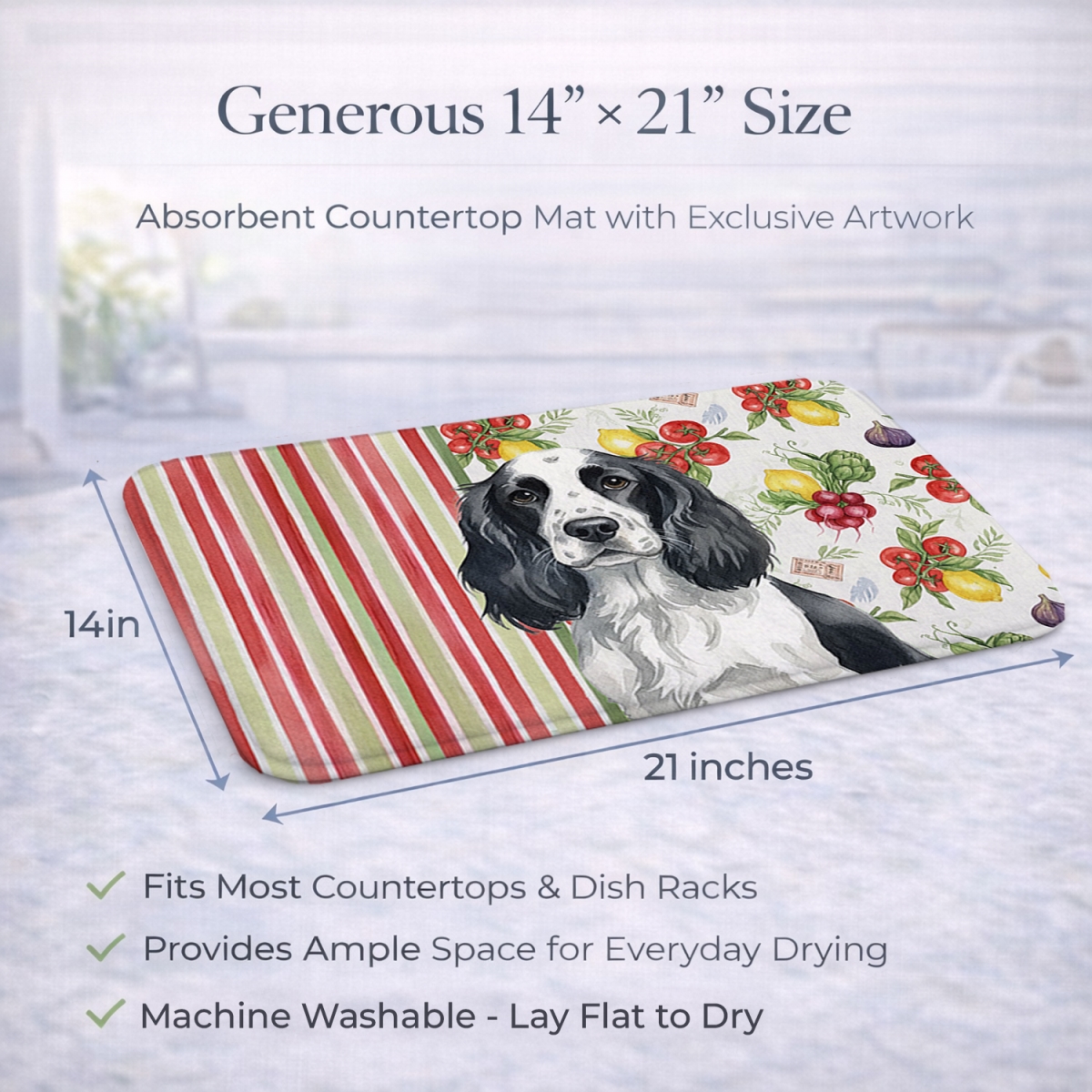 Picture of Carolines Treasures WDK8232DDM 21 x 14 in. Black & White English Springer Spaniel Vegetables Dish Drying Mat