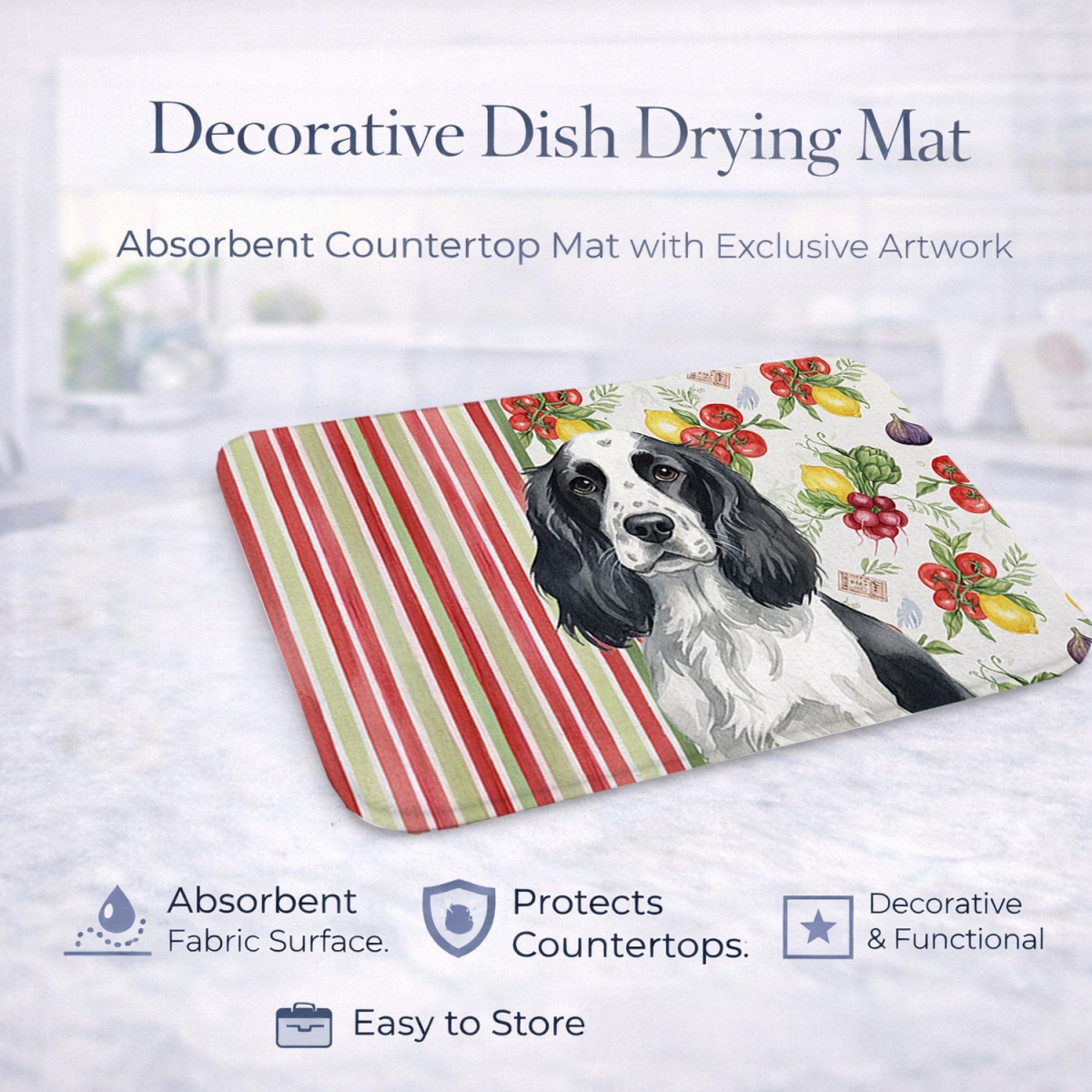 Picture of Carolines Treasures WDK8232DDM 21 x 14 in. Black & White English Springer Spaniel Vegetables Dish Drying Mat