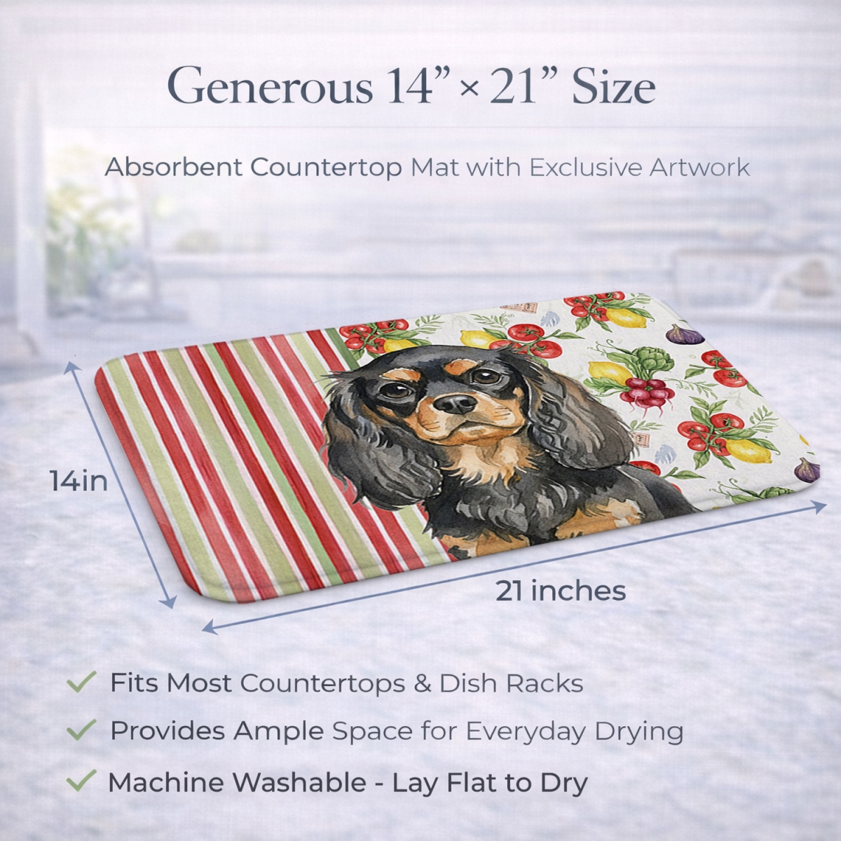 Picture of Carolines Treasures WDK8234DDM 21 x 14 in. Black & Tan English Toy Spaniel Vegetables Dish Drying Mat