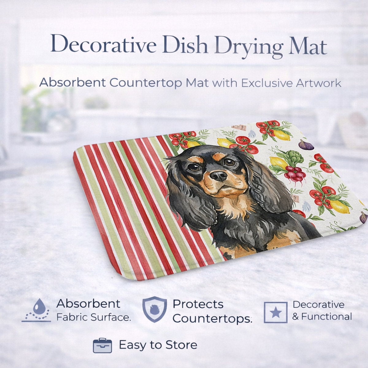 Picture of Carolines Treasures WDK8234DDM 21 x 14 in. Black & Tan English Toy Spaniel Vegetables Dish Drying Mat