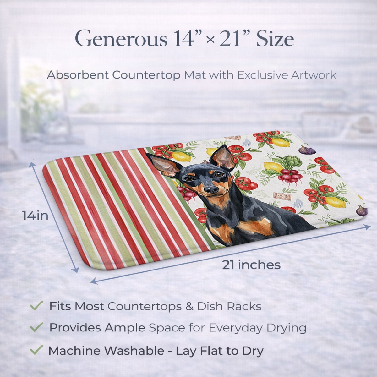 Picture of Carolines Treasures WDK8315DDM 21 x 14 in. Black & Tan Miniature Pinscher Vegetables Dish Drying Mat