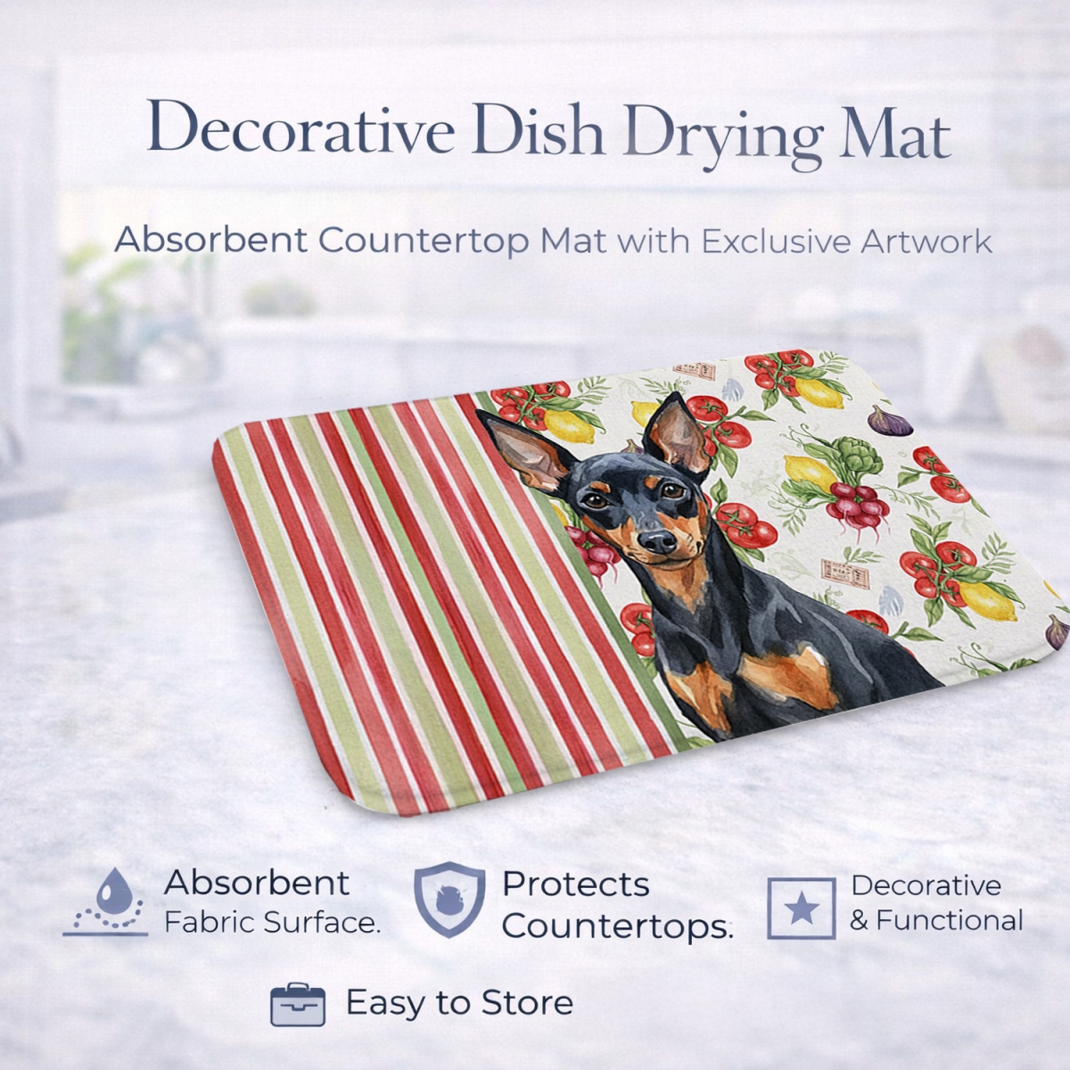 Picture of Carolines Treasures WDK8315DDM 21 x 14 in. Black & Tan Miniature Pinscher Vegetables Dish Drying Mat
