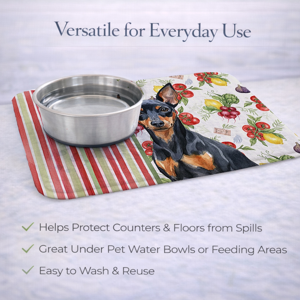 Picture of Carolines Treasures WDK8315DDM 21 x 14 in. Black & Tan Miniature Pinscher Vegetables Dish Drying Mat