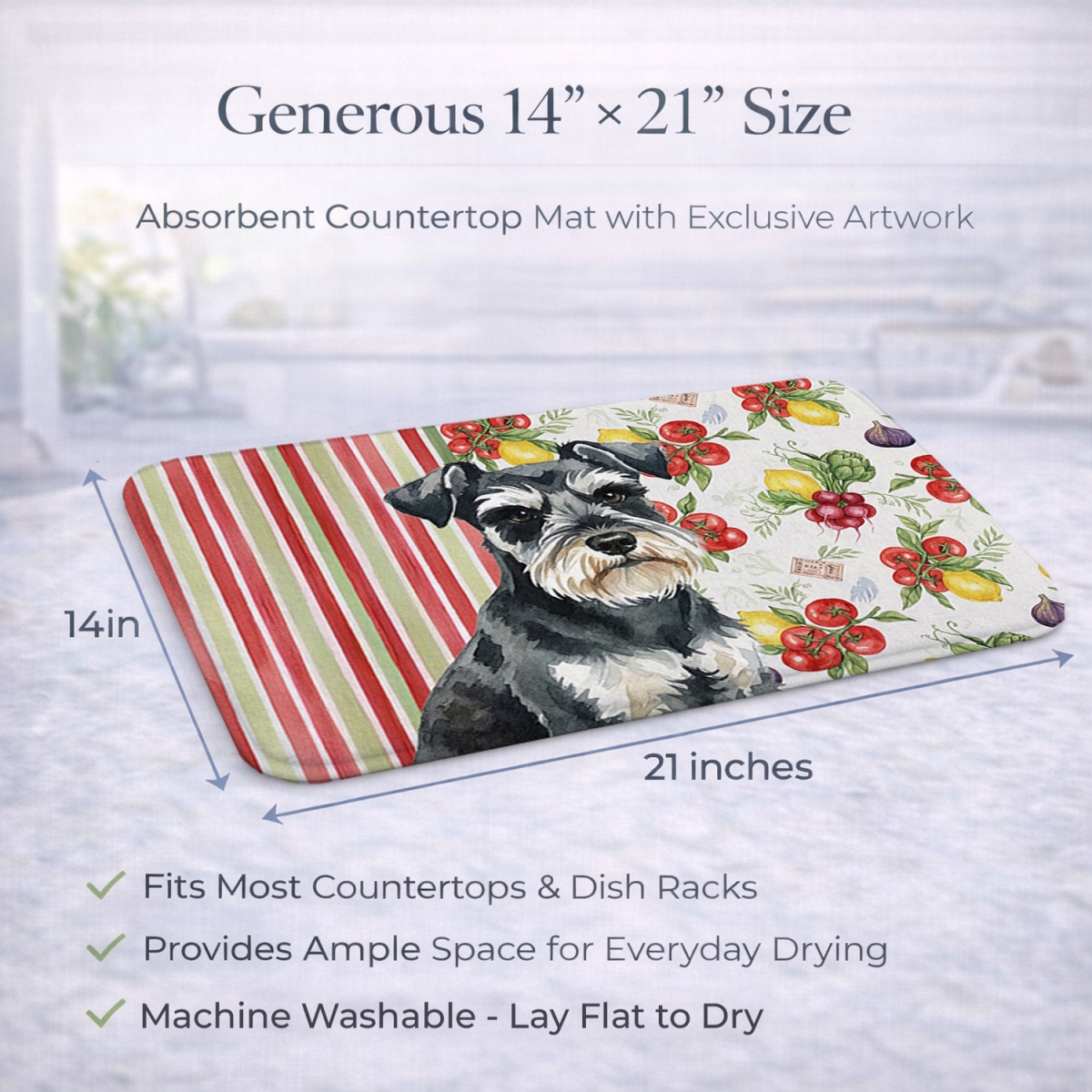 Picture of Carolines Treasures WDK8317DDM 21 x 14 in. Black & Silver Miniature Schnauzer Vegetables Dish Drying Mat