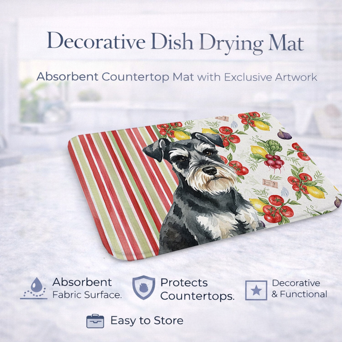 Picture of Carolines Treasures WDK8317DDM 21 x 14 in. Black & Silver Miniature Schnauzer Vegetables Dish Drying Mat