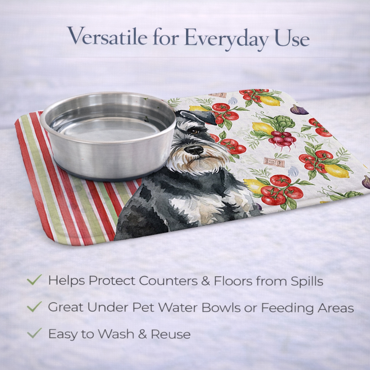 Picture of Carolines Treasures WDK8317DDM 21 x 14 in. Black & Silver Miniature Schnauzer Vegetables Dish Drying Mat