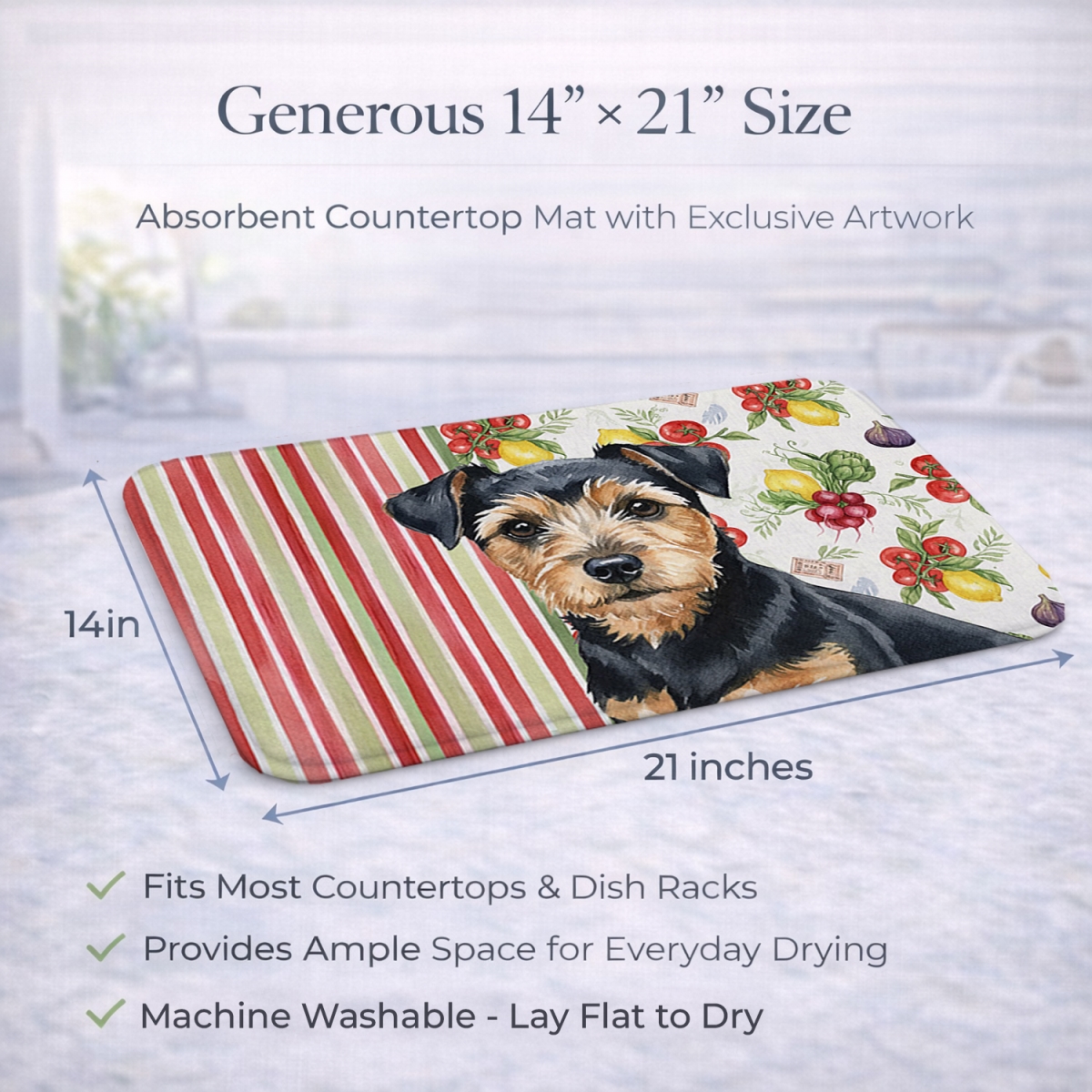 Picture of Carolines Treasures WDK8328DDM 21 x 14 in. Black & Tan Norfolk Terrier Vegetables Dish Drying Mat