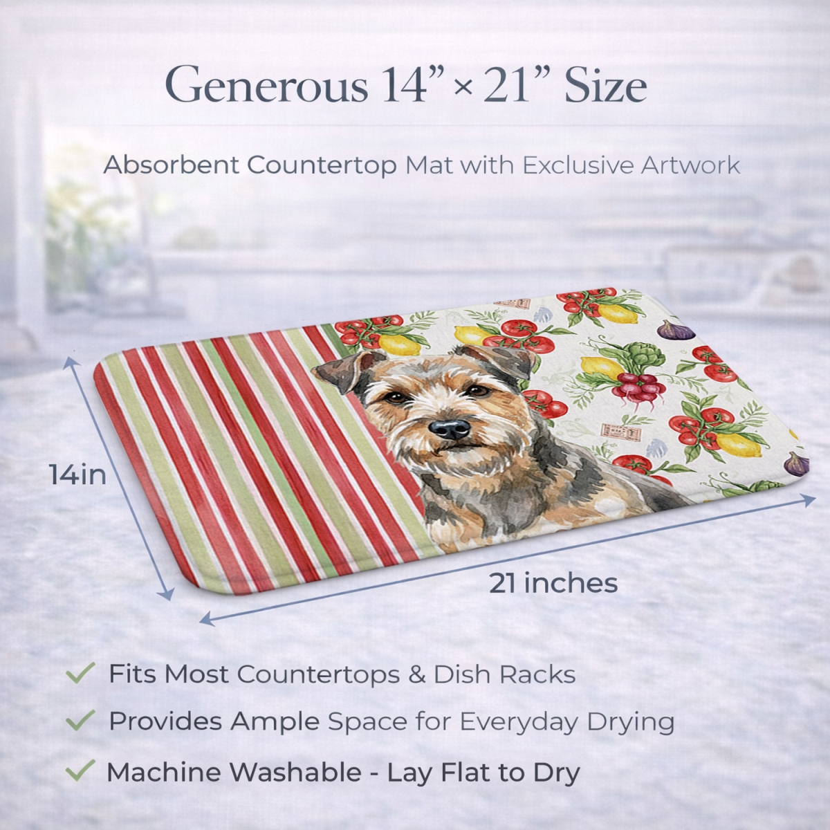 Picture of Carolines Treasures WDK8329DDM 21 x 14 in. Grizzle & Tan Norfolk Terrier Vegetables Dish Drying Mat