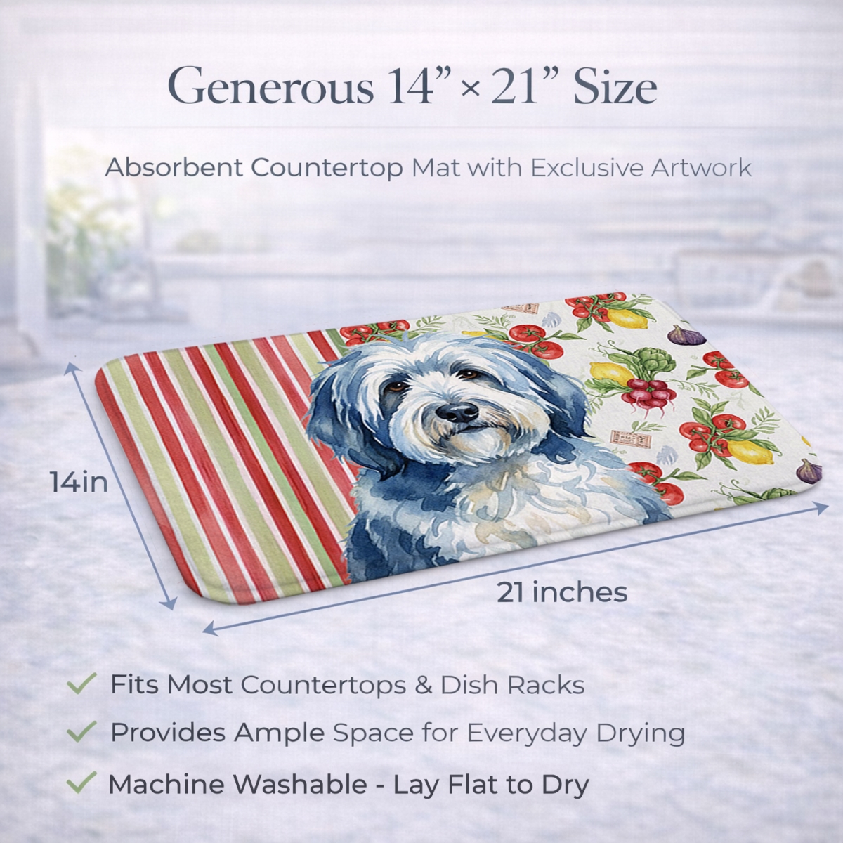 Picture of Carolines Treasures WDK8336DDM 21 x 14 in. Blue & White Old English Sheepdog Vegetables Dish Drying Mat