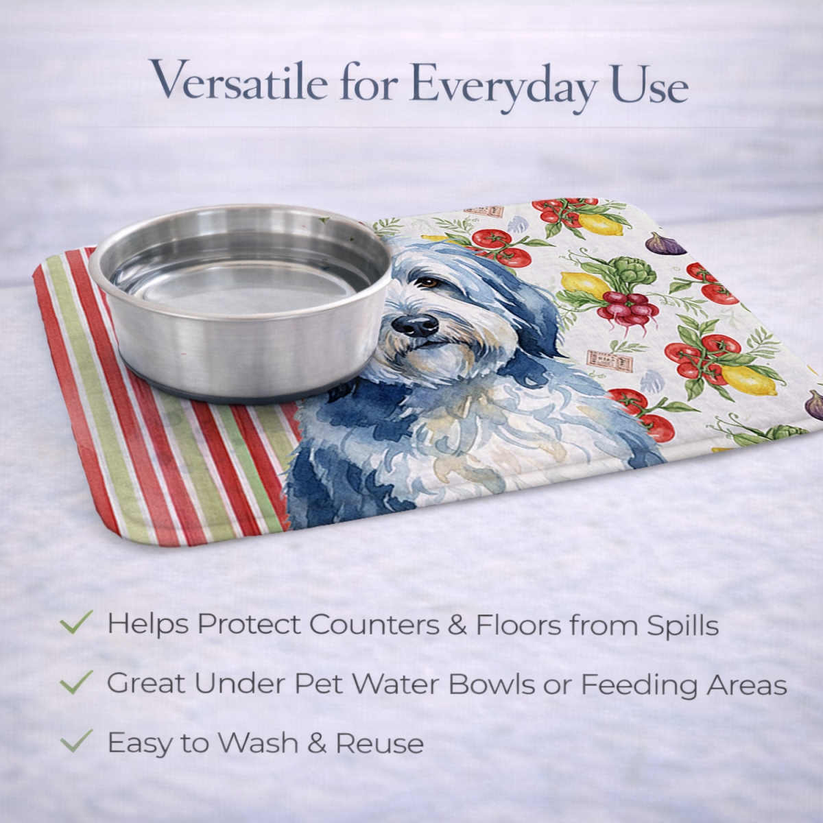 Picture of Carolines Treasures WDK8336DDM 21 x 14 in. Blue & White Old English Sheepdog Vegetables Dish Drying Mat