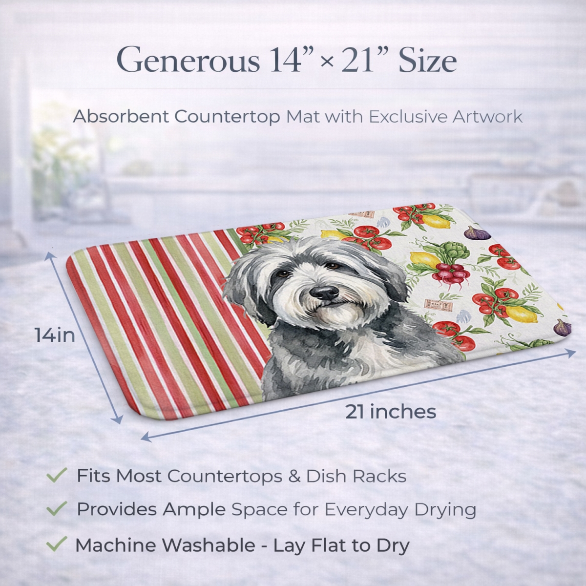 Picture of Carolines Treasures WDK8337DDM 21 x 14 in. Gray & White Old English Sheepdog Vegetables Dish Drying Mat
