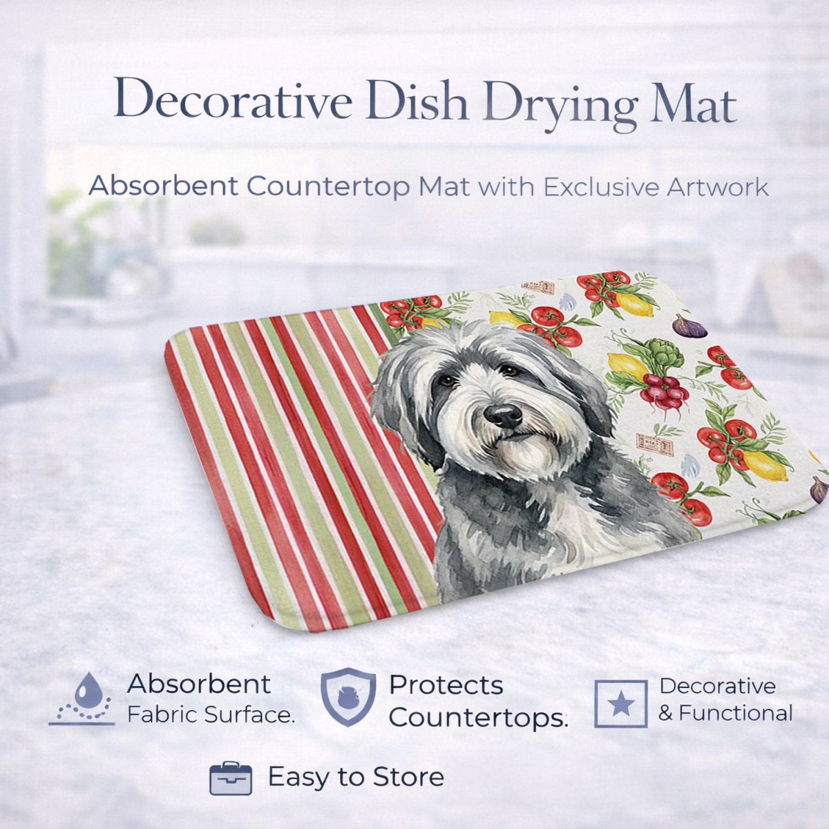 Picture of Carolines Treasures WDK8337DDM 21 x 14 in. Gray & White Old English Sheepdog Vegetables Dish Drying Mat