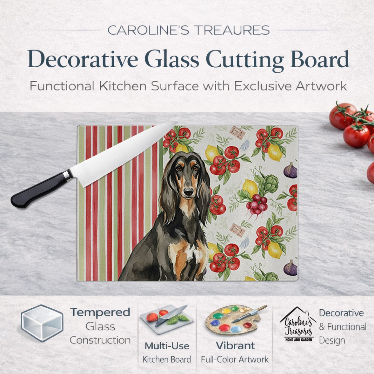 Picture of Carolines Treasures WDK8065LCB 11.25 x 15.25 in. Black & Tan Afghan Hound Vegetables Glass Cutting Board