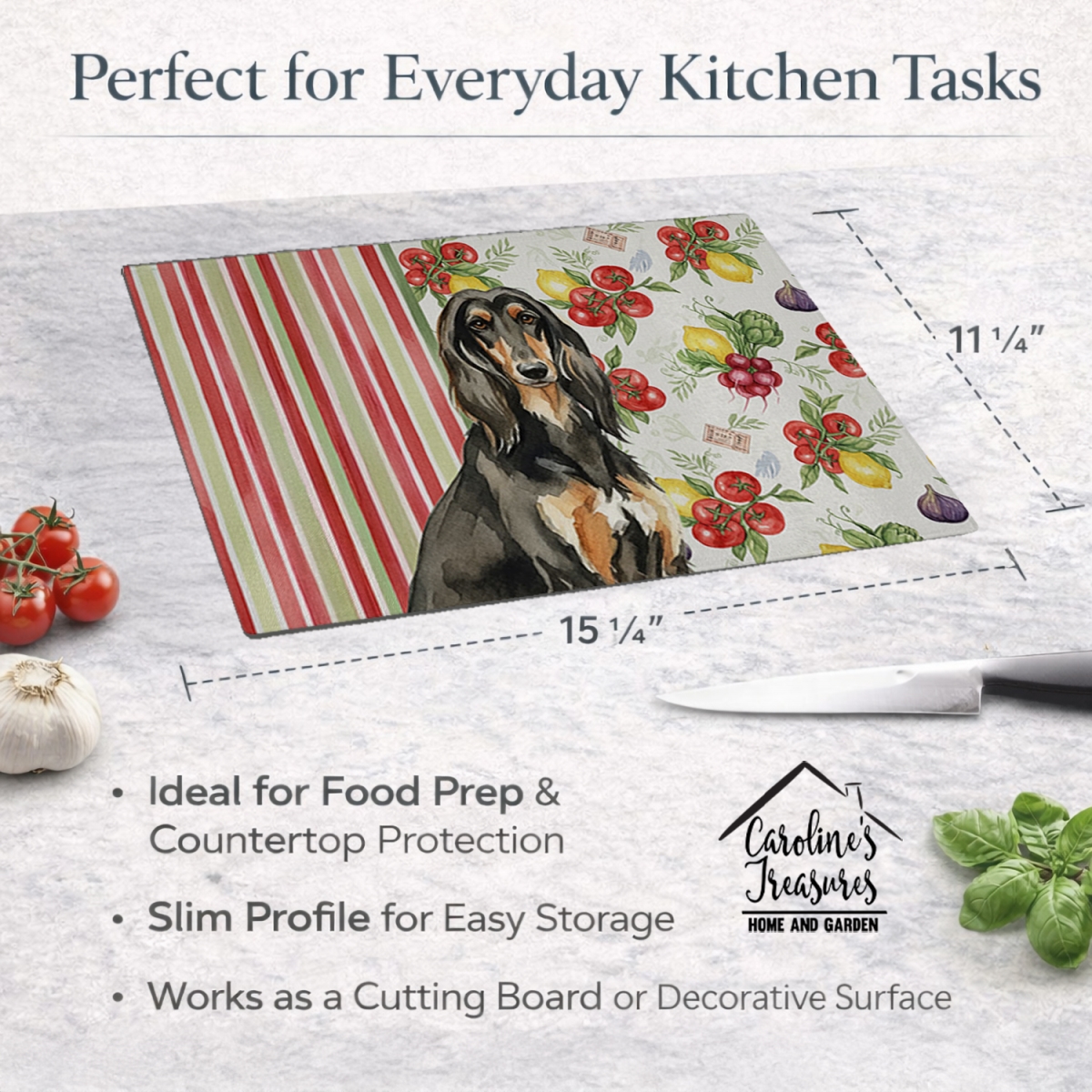 Picture of Carolines Treasures WDK8065LCB 11.25 x 15.25 in. Black & Tan Afghan Hound Vegetables Glass Cutting Board