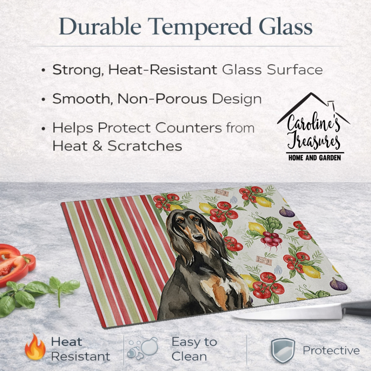 Picture of Carolines Treasures WDK8065LCB 11.25 x 15.25 in. Black & Tan Afghan Hound Vegetables Glass Cutting Board
