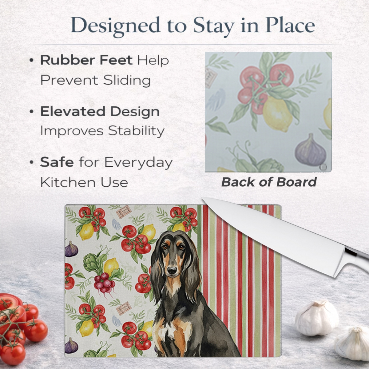 Picture of Carolines Treasures WDK8065LCB 11.25 x 15.25 in. Black & Tan Afghan Hound Vegetables Glass Cutting Board